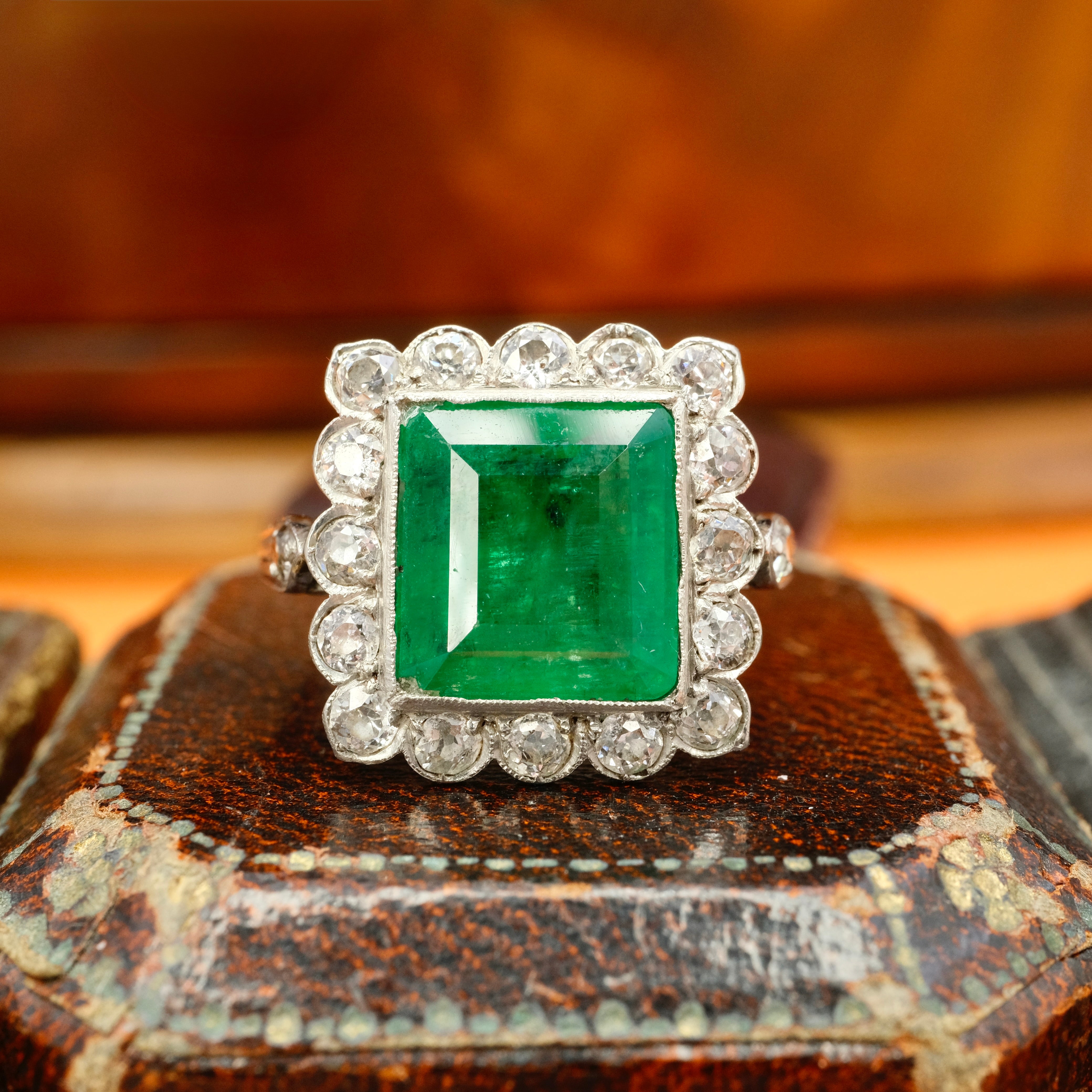 1920s, Art Deco, Emerald & Old Cut Diamond, Platinum, Square Cluster Ring