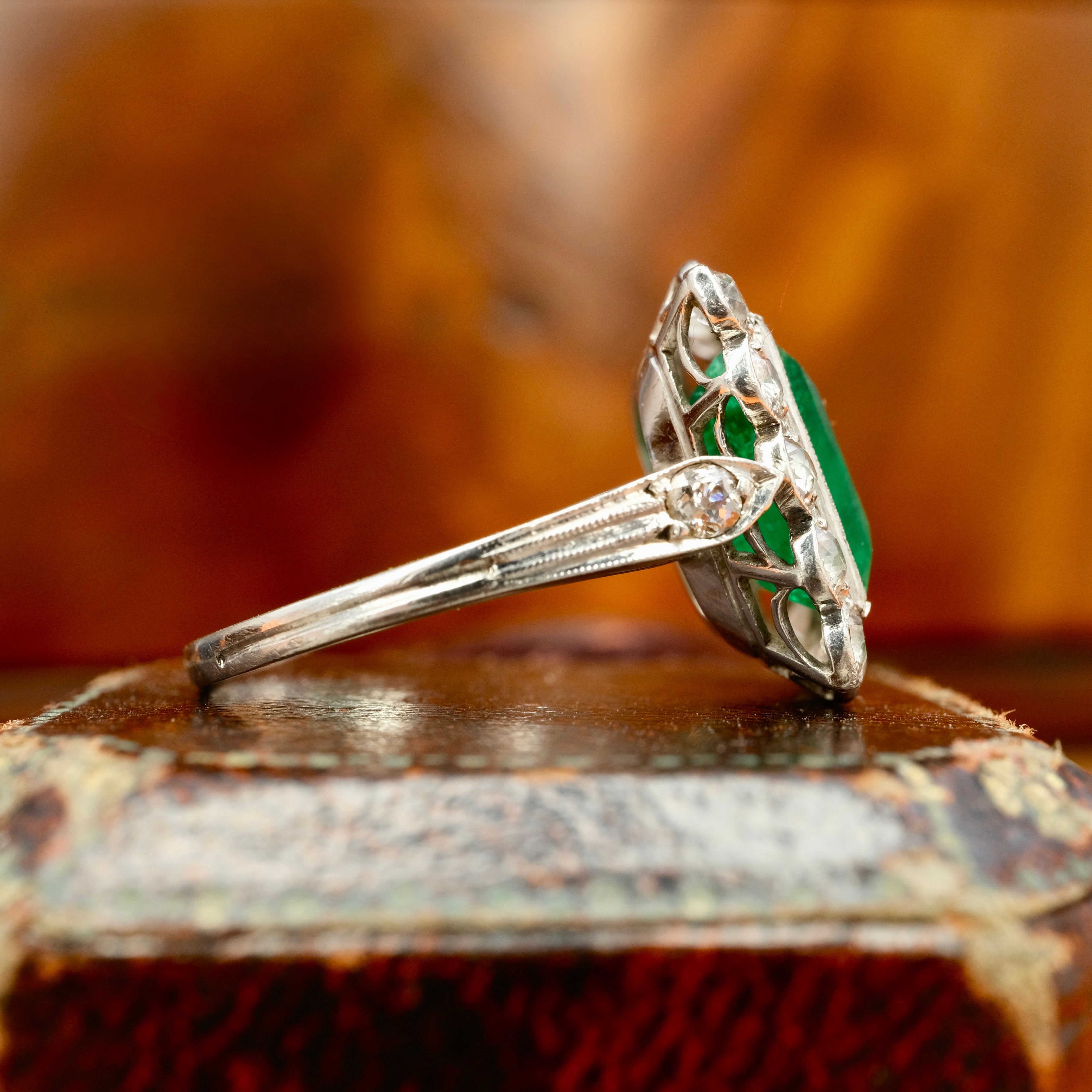 1920s, Art Deco, Emerald & Old Cut Diamond, Platinum, Square Cluster Ring