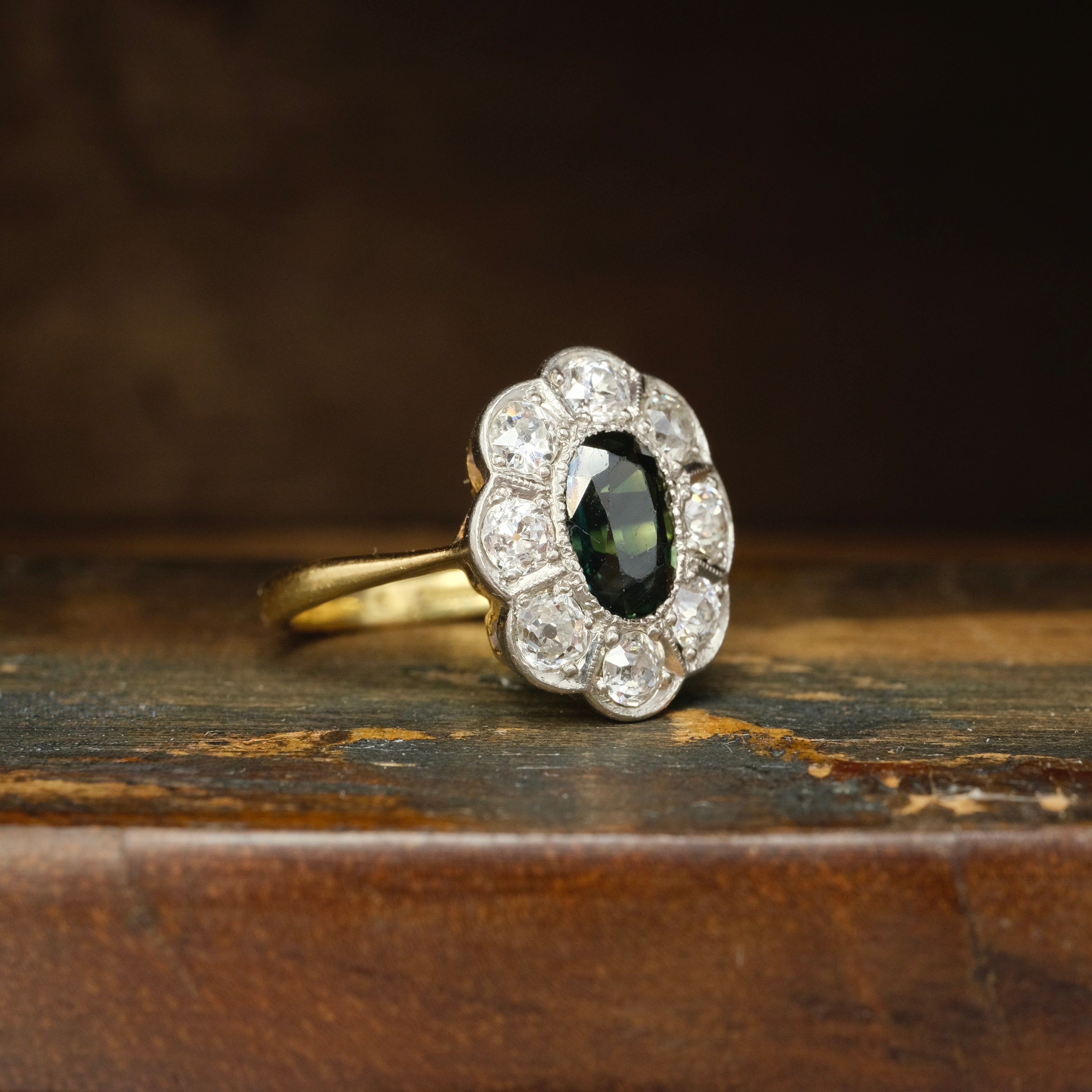 Antique, Early 20th Century 18ct Gold, Blue Green Sapphire & Old Cut Diamond Cluster Ring