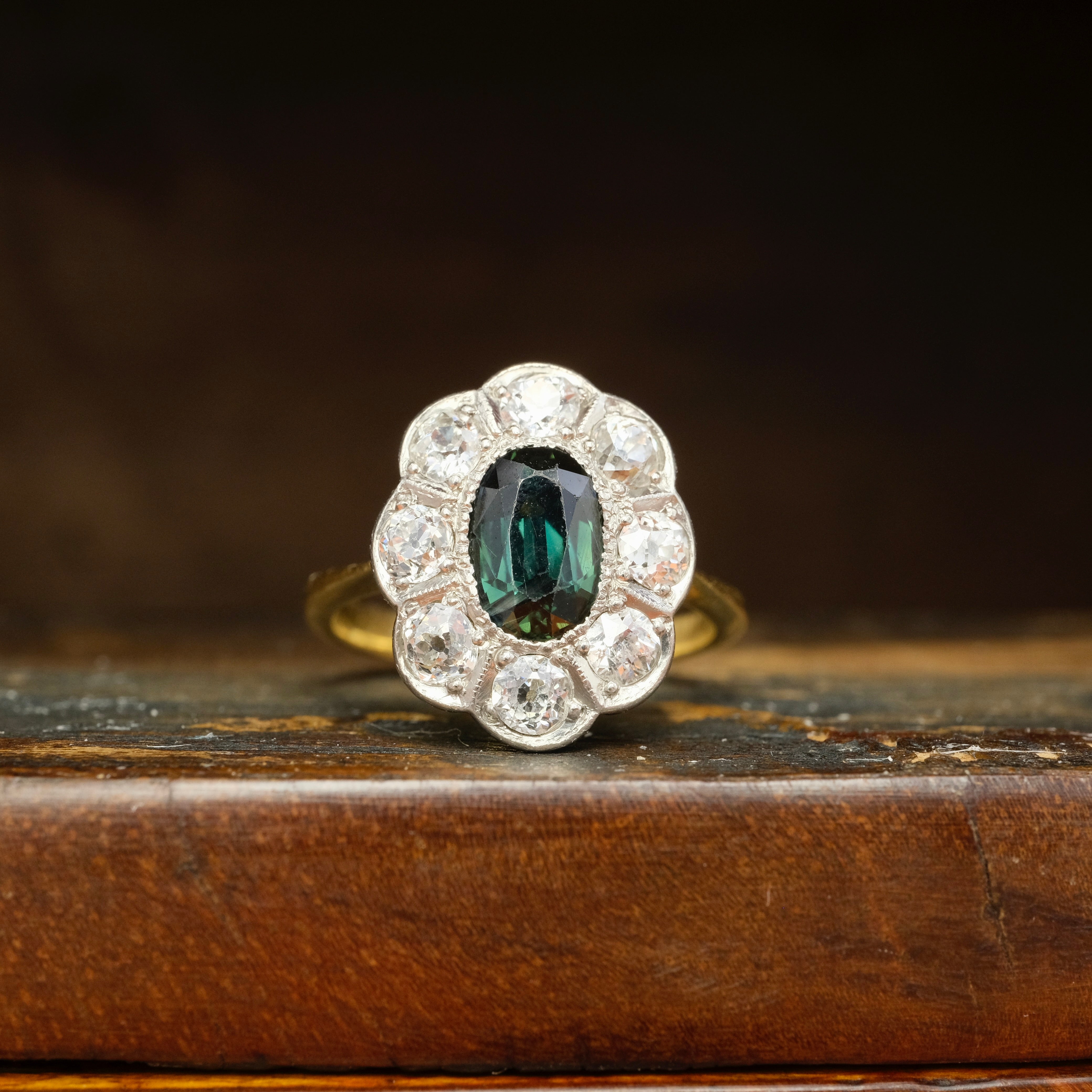 Antique, Early 20th Century 18ct Gold, Blue Green Sapphire & Old Cut Diamond Cluster Ring