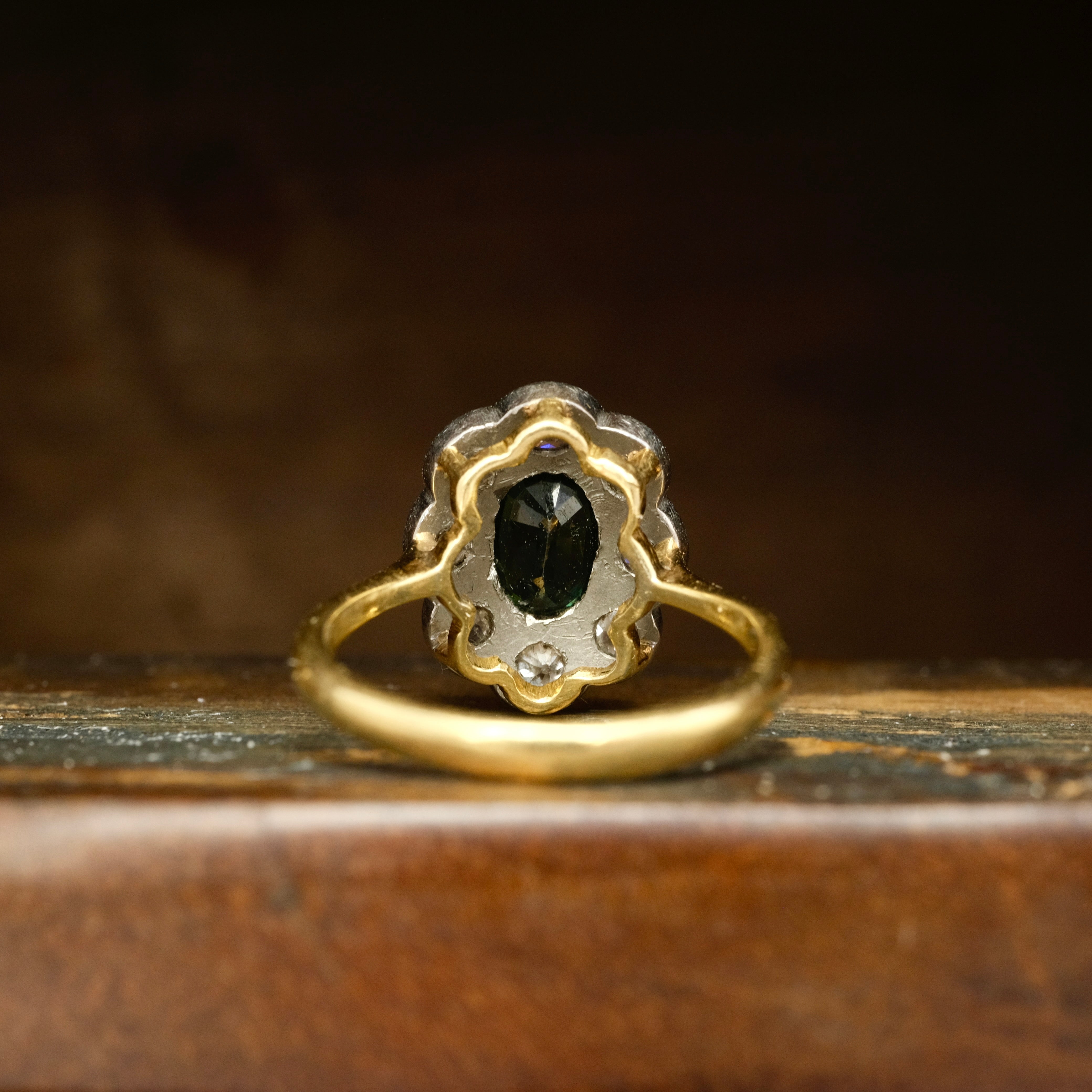 Antique, Early 20th Century 18ct Gold, Blue Green Sapphire & Old Cut Diamond Cluster Ring