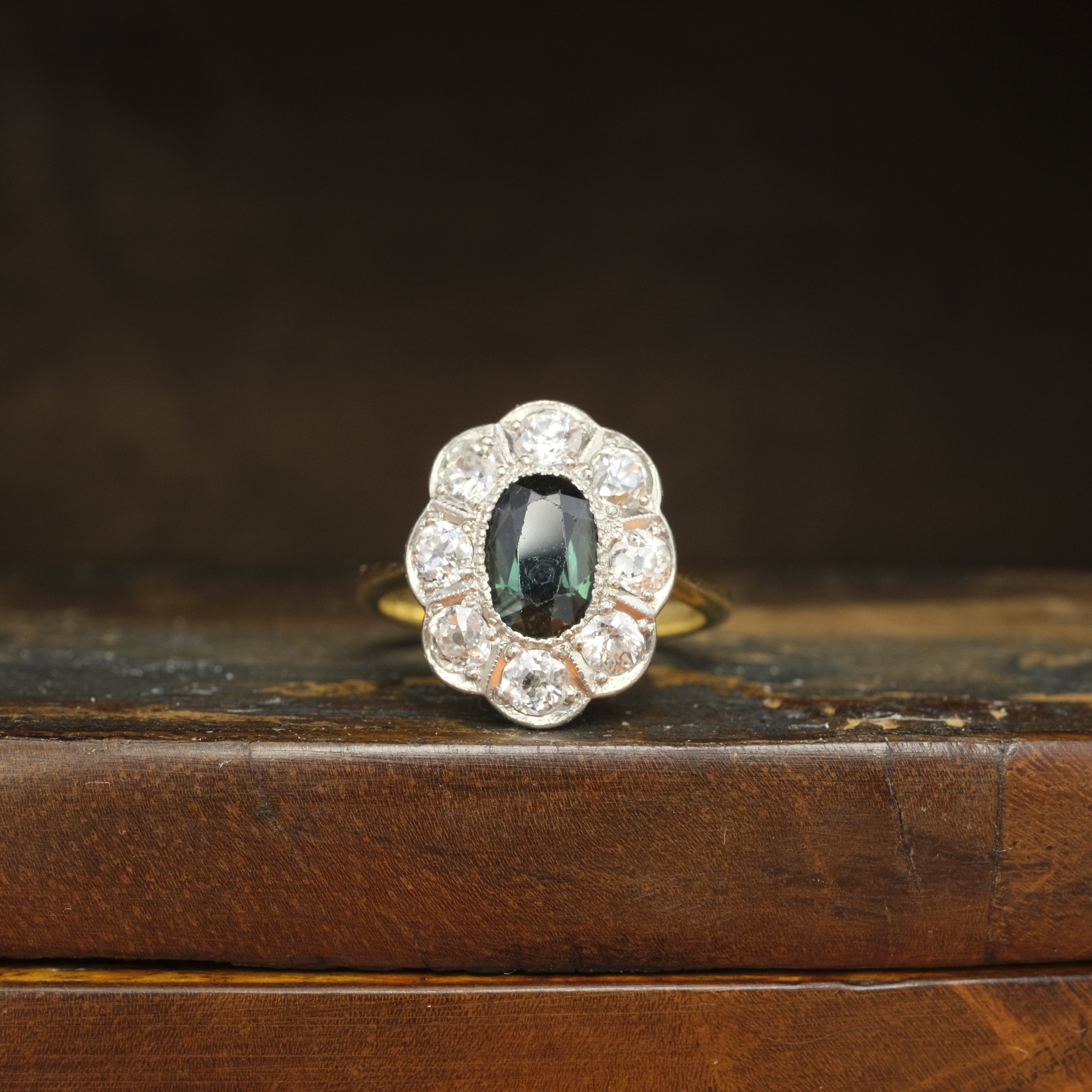 Antique, Early 20th Century 18ct Gold, Blue Green Sapphire & Old Cut Diamond Cluster Ring