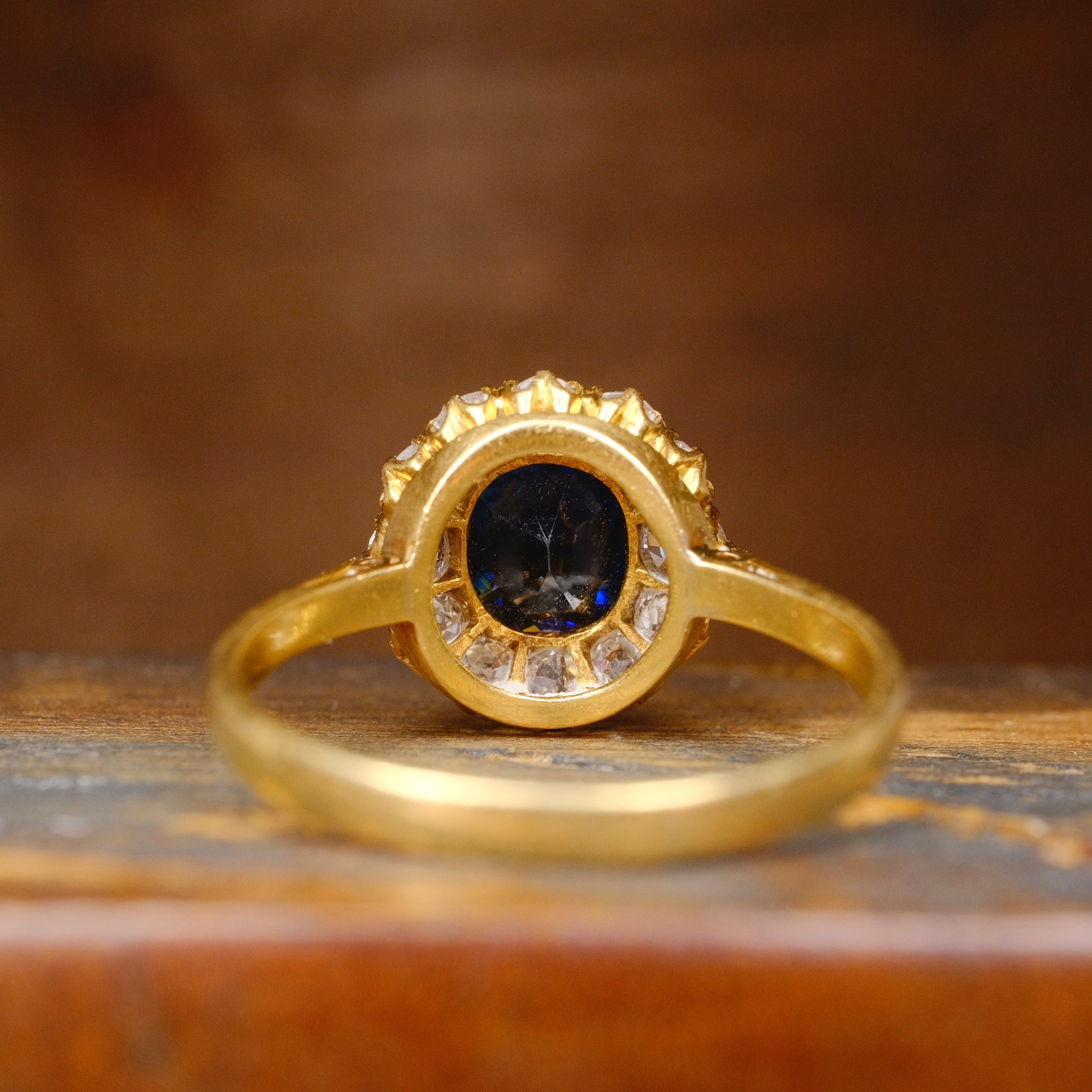 Antique, Victorian 18ct Gold, Unheated Sapphire & Old Cut Diamond Cluster Ring in Antique Heart Ring Box