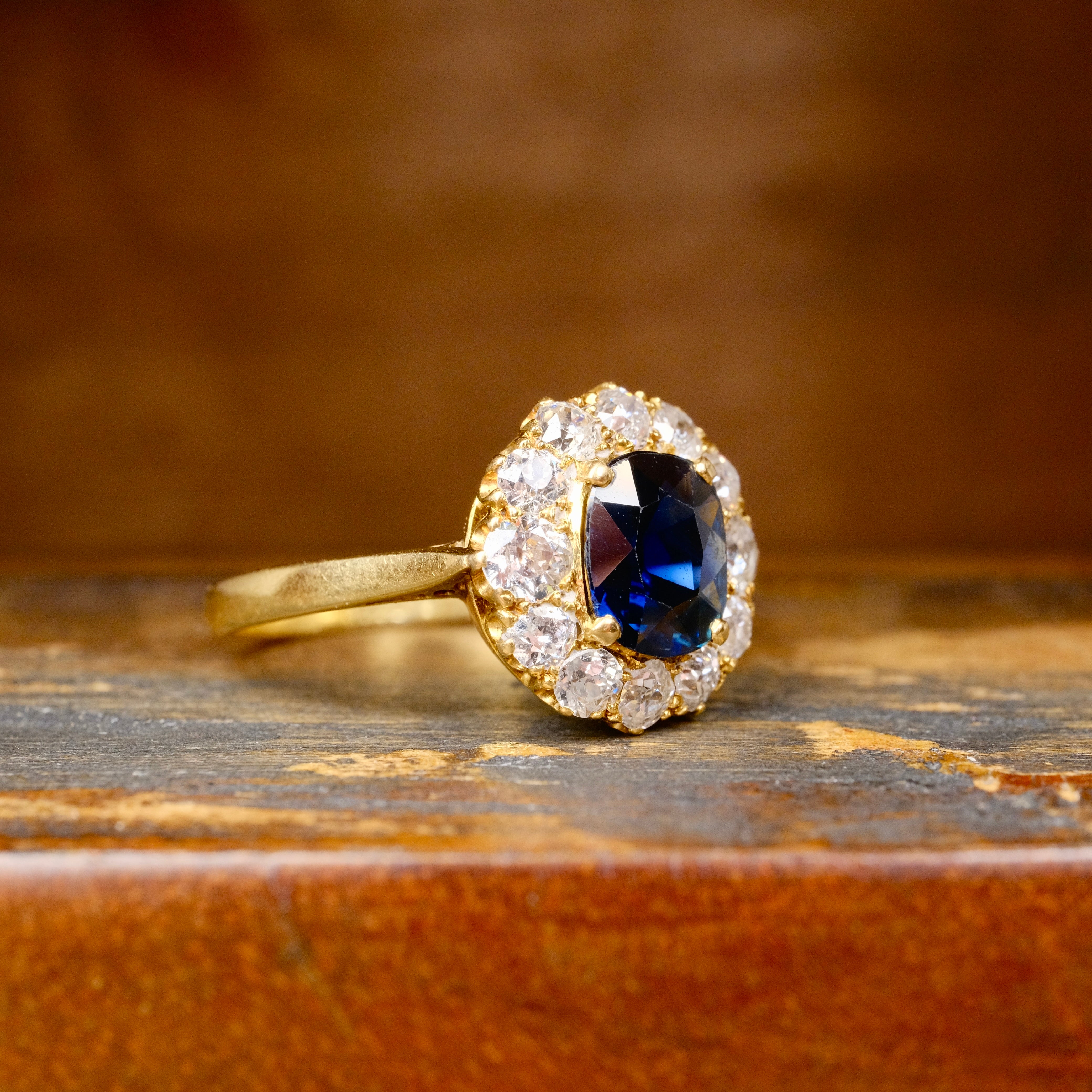Antique, Victorian 18ct Gold, Unheated Sapphire & Old Cut Diamond Cluster Ring in Antique Heart Ring Box