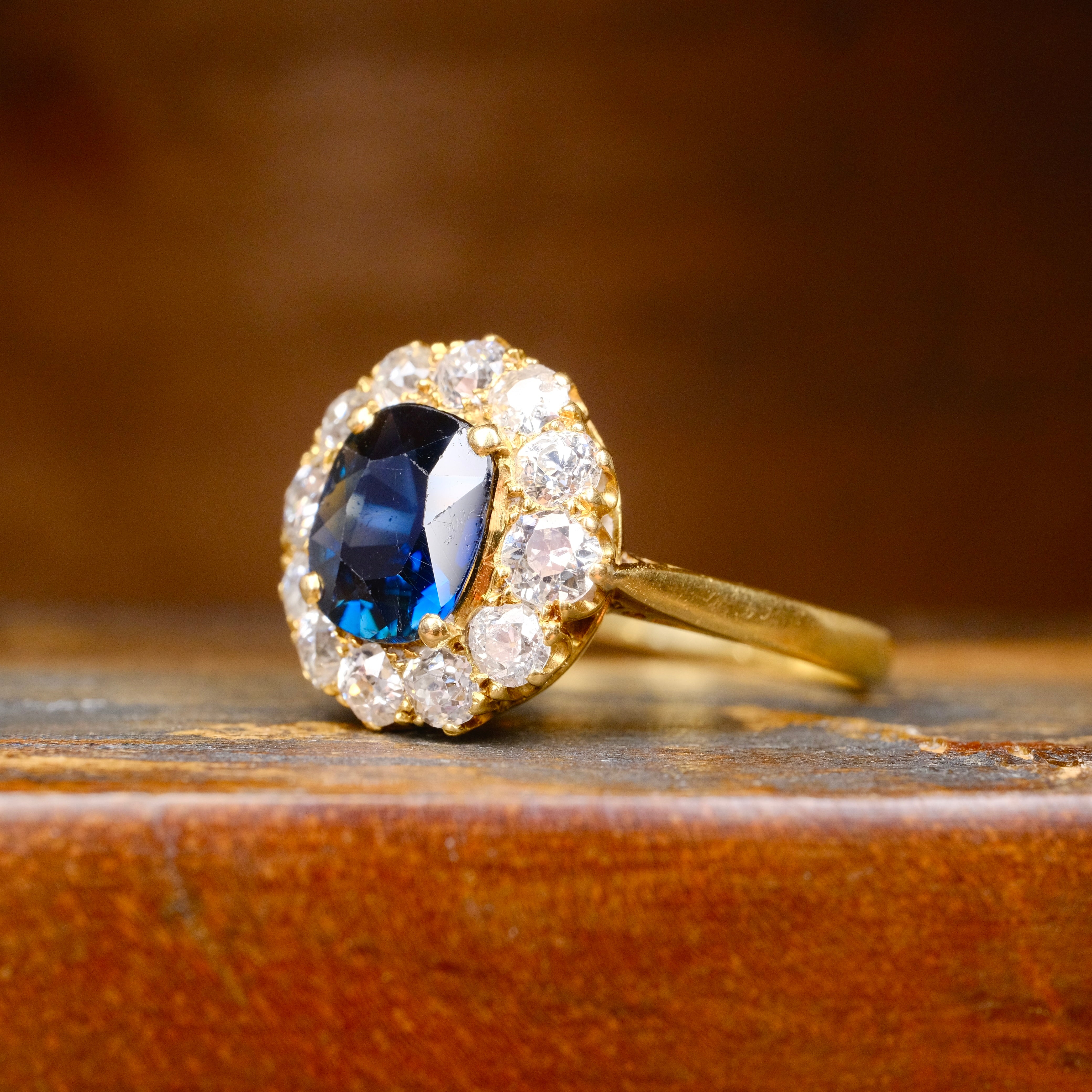 Antique, Victorian 18ct Gold, Unheated Sapphire & Old Cut Diamond Cluster Ring in Antique Heart Ring Box