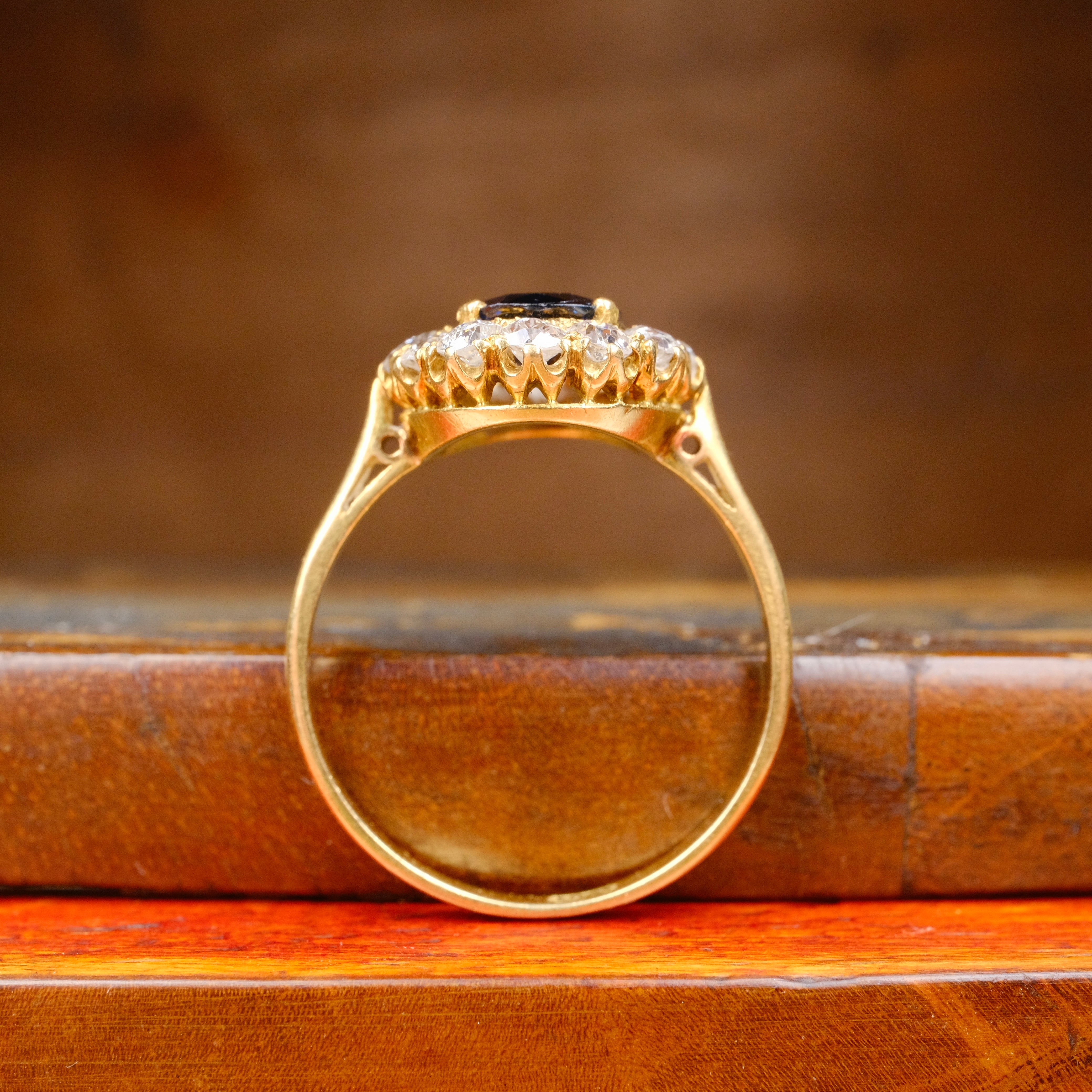 Antique, Victorian 18ct Gold, Unheated Sapphire & Old Cut Diamond Cluster Ring in Antique Heart Ring Box