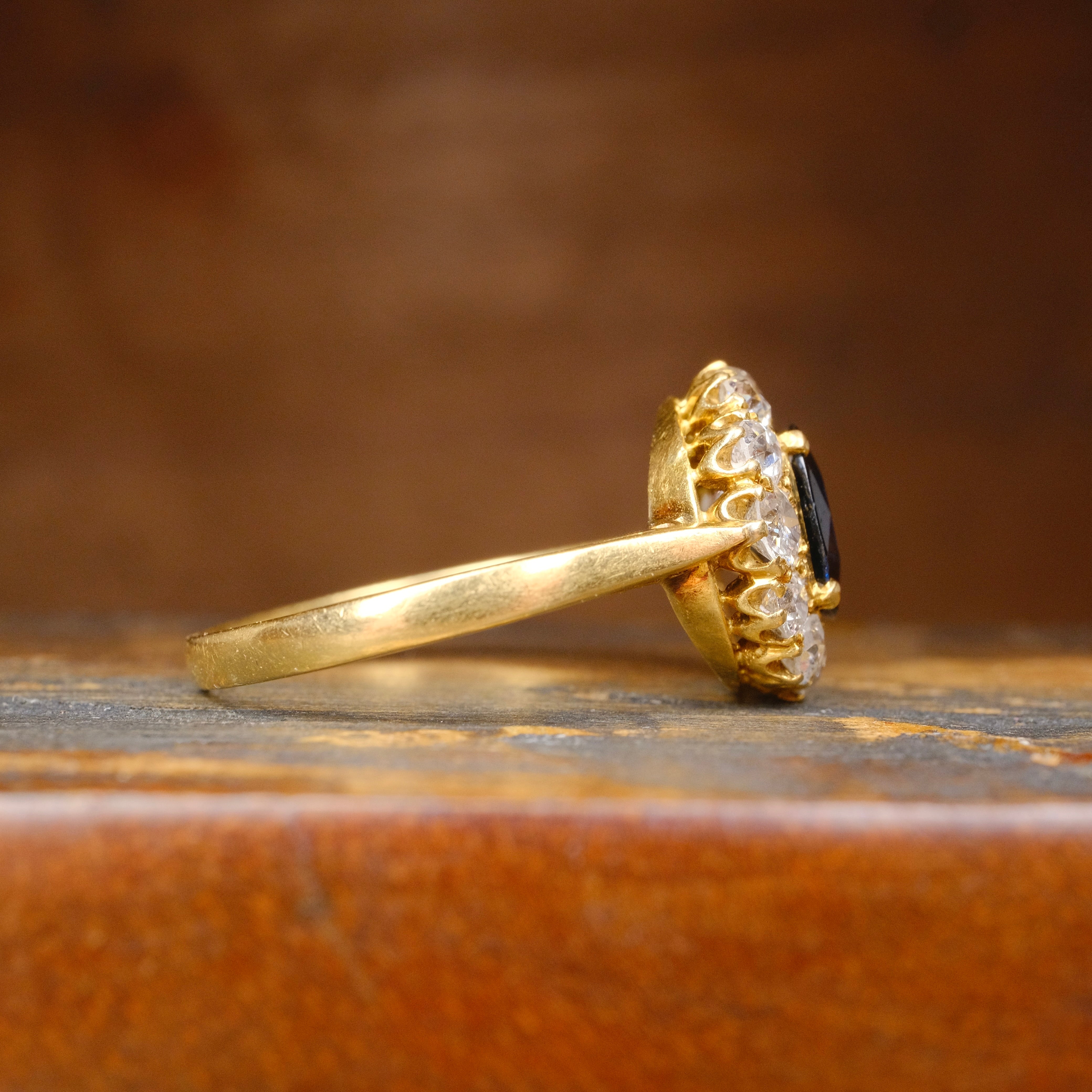 Antique, Victorian 18ct Gold, Unheated Sapphire & Old Cut Diamond Cluster Ring in Antique Heart Ring Box