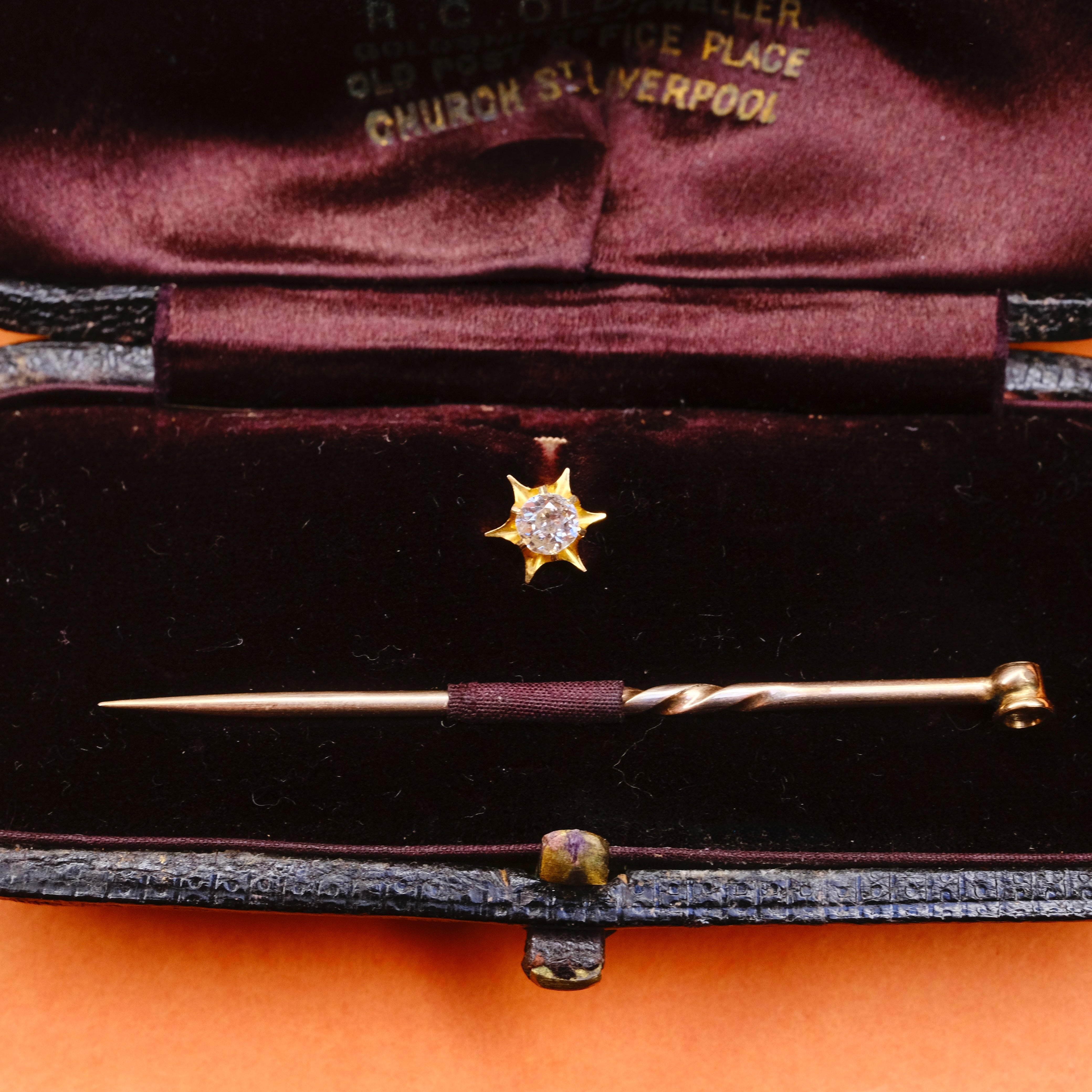 Victorian, Gold & Old Cut Diamond, Stick Pin, Shirt Dress Stud In Case