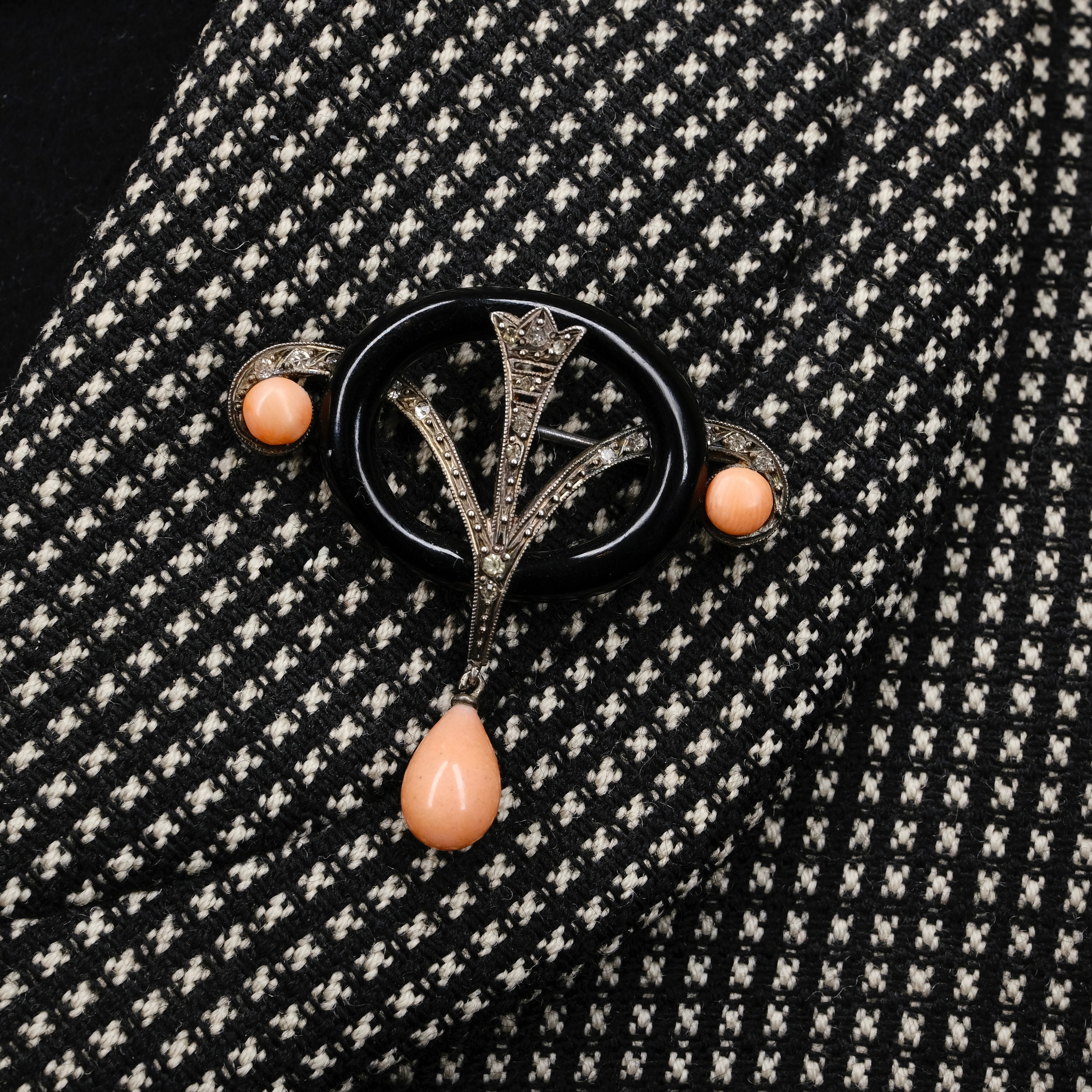 Original French Art deco, Silver, Onyx, Paste & Coral Brooch