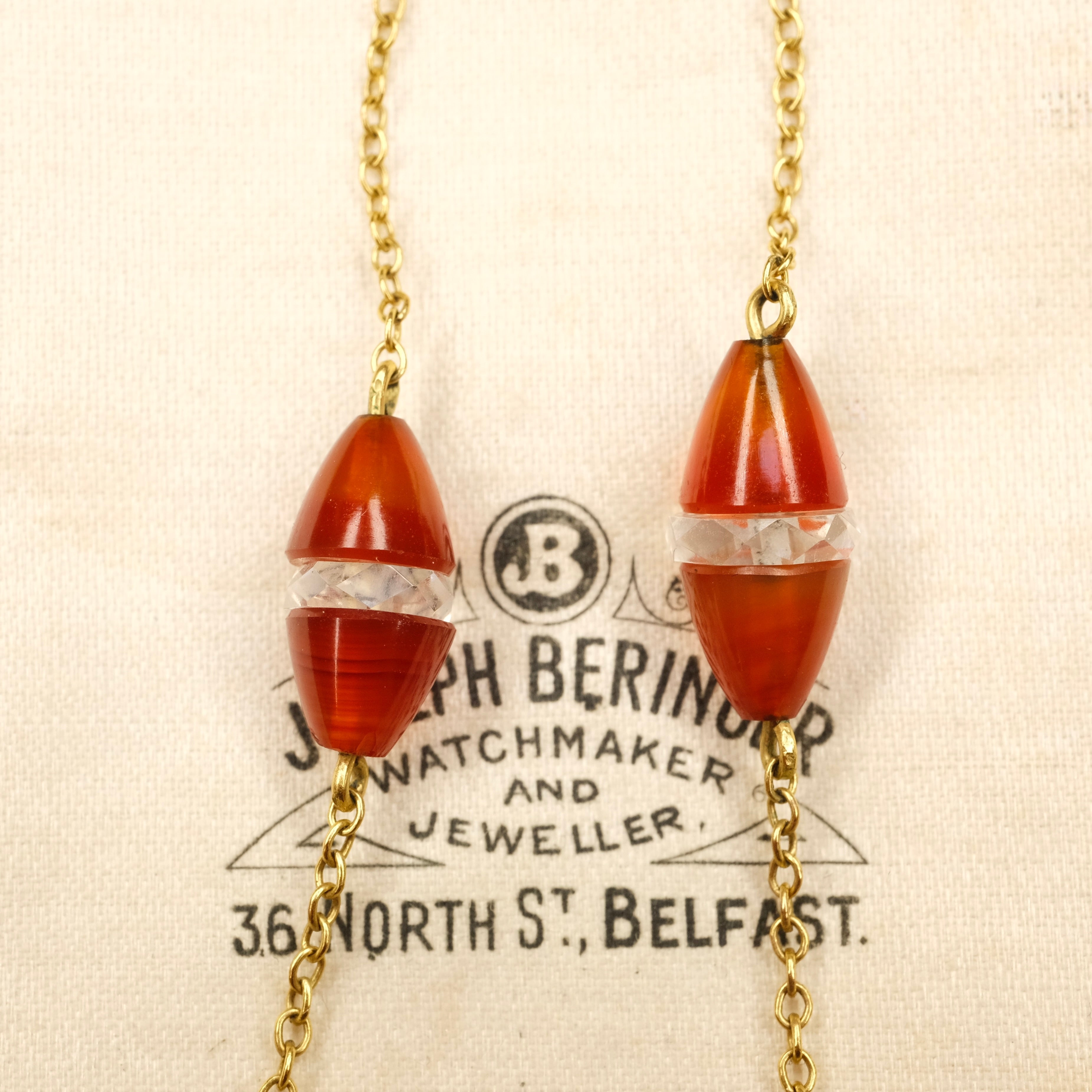 Art Deco 9ct Gold, Rock Crystal & Carnelian Bead Chain Necklace