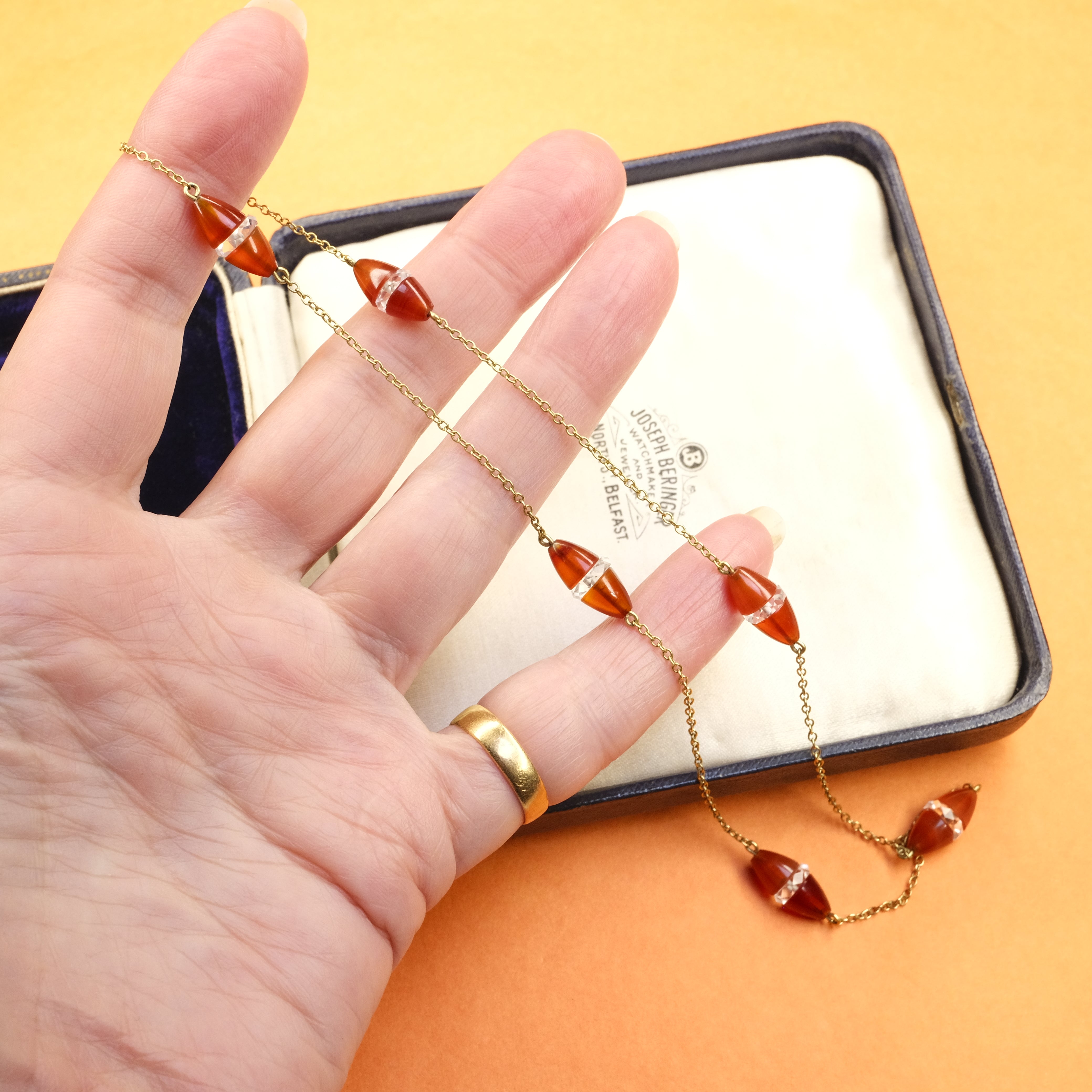 Art Deco 9ct Gold, Rock Crystal & Carnelian Bead Chain Necklace