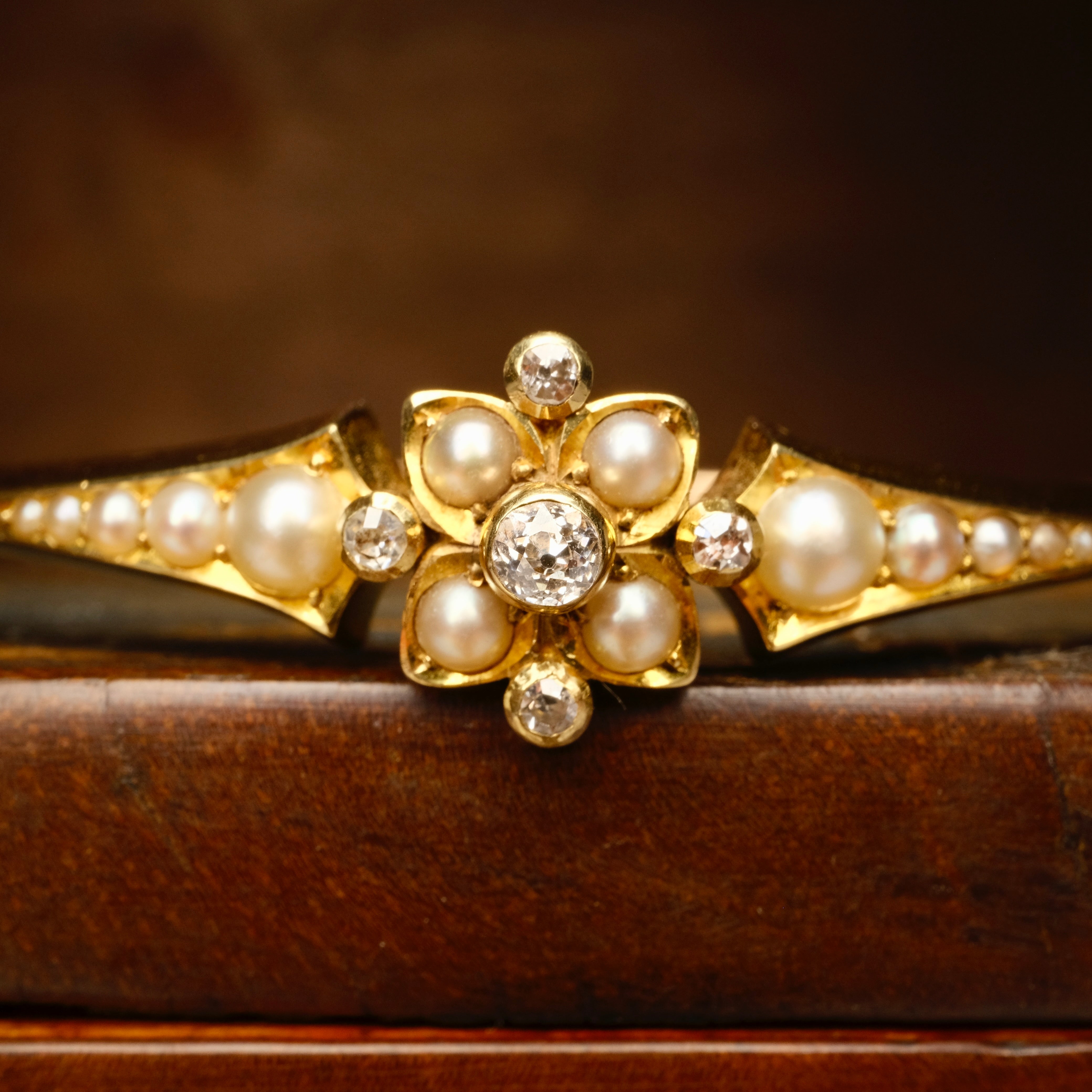 Antique, Edwardian 15ct Gold, Old Cut Diamond and Split Pearl Hinged Bangle Bracelet