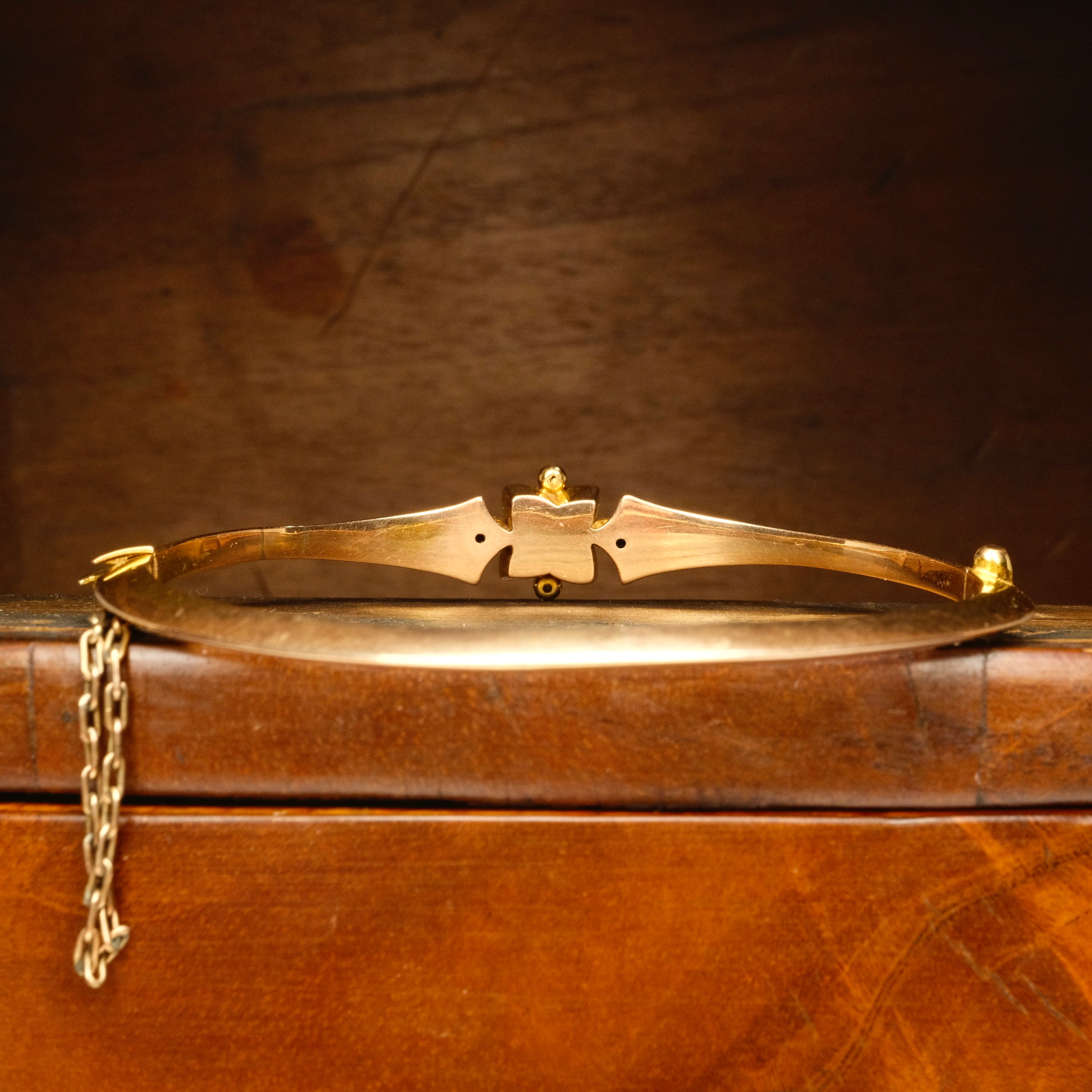 Antique, Edwardian 15ct Gold, Old Cut Diamond and Split Pearl Hinged Bangle Bracelet