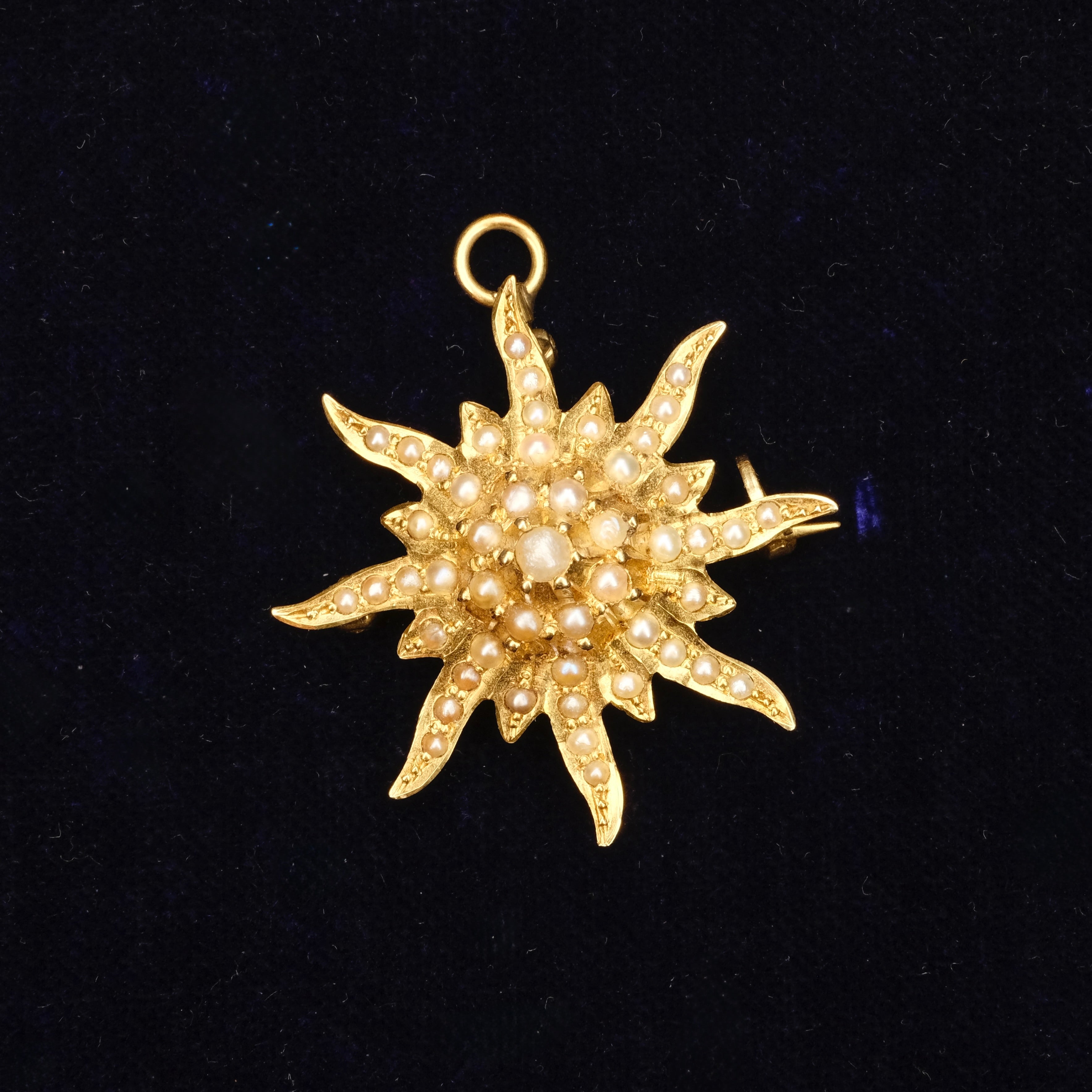 Antique, Early 20th Century, 14ct Gold & Seed Pearl Sunburst Pendant Brooch