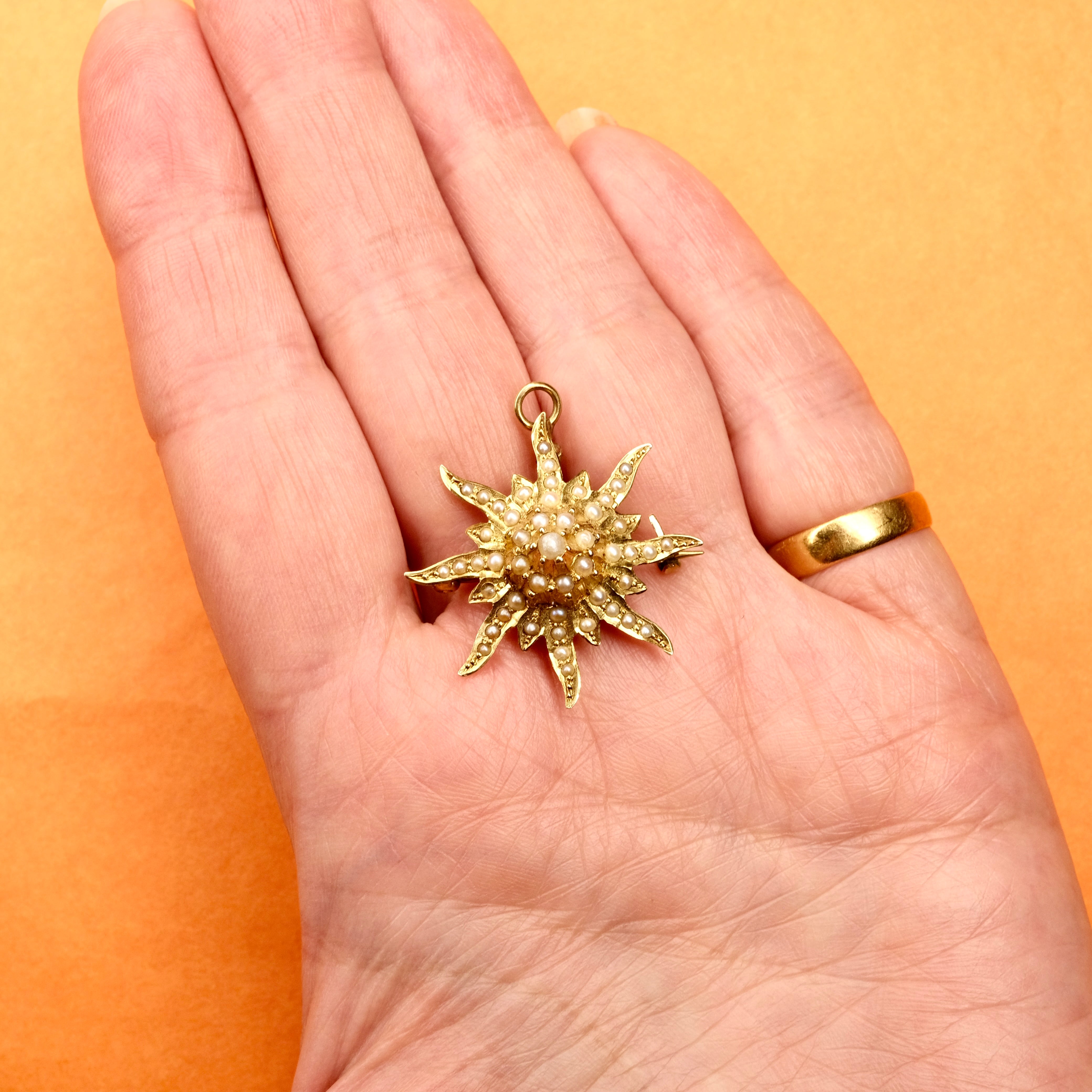 Antique, Early 20th Century, 14ct Gold & Seed Pearl Sunburst Pendant Brooch