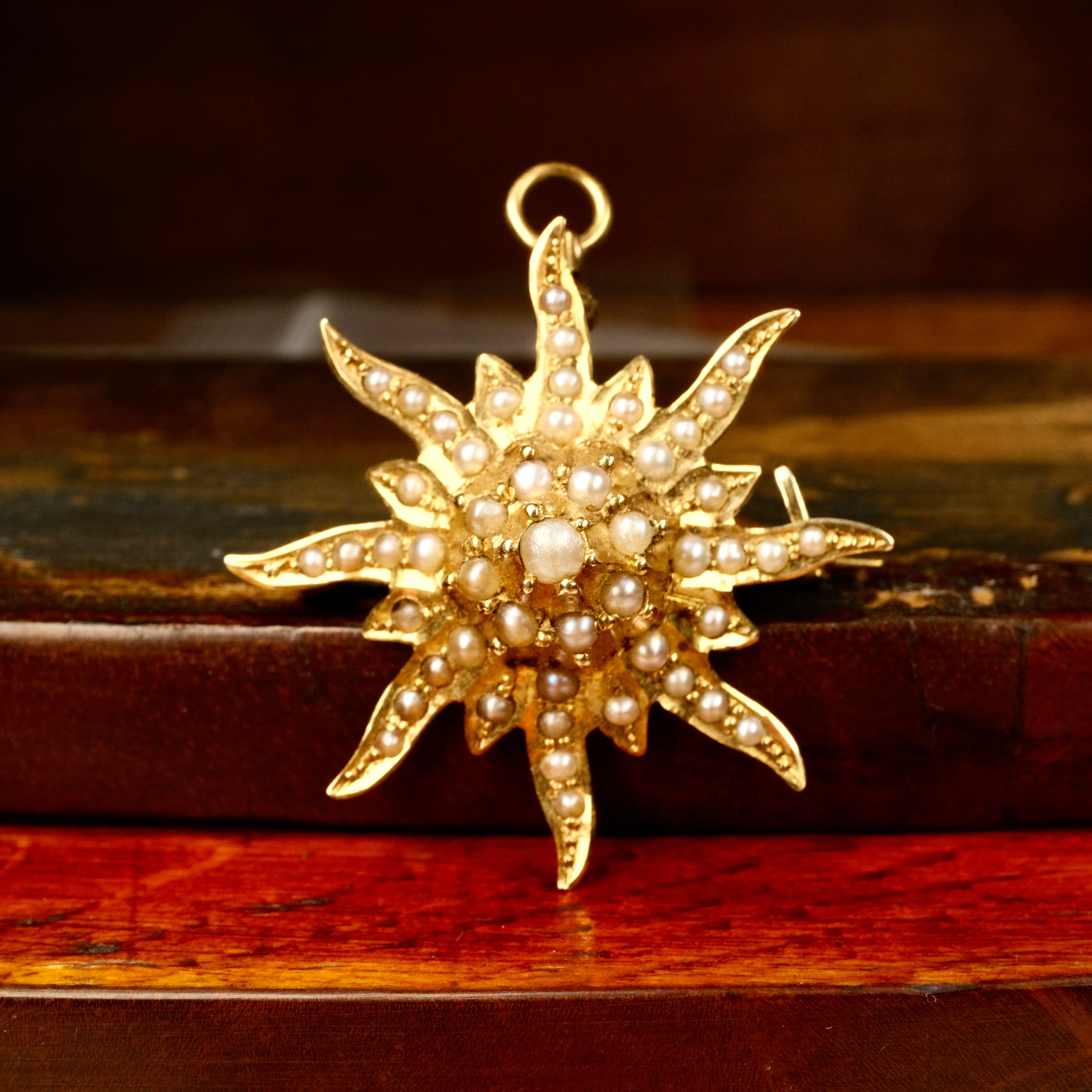 Antique, Early 20th Century, 14ct Gold & Seed Pearl Sunburst Pendant Brooch