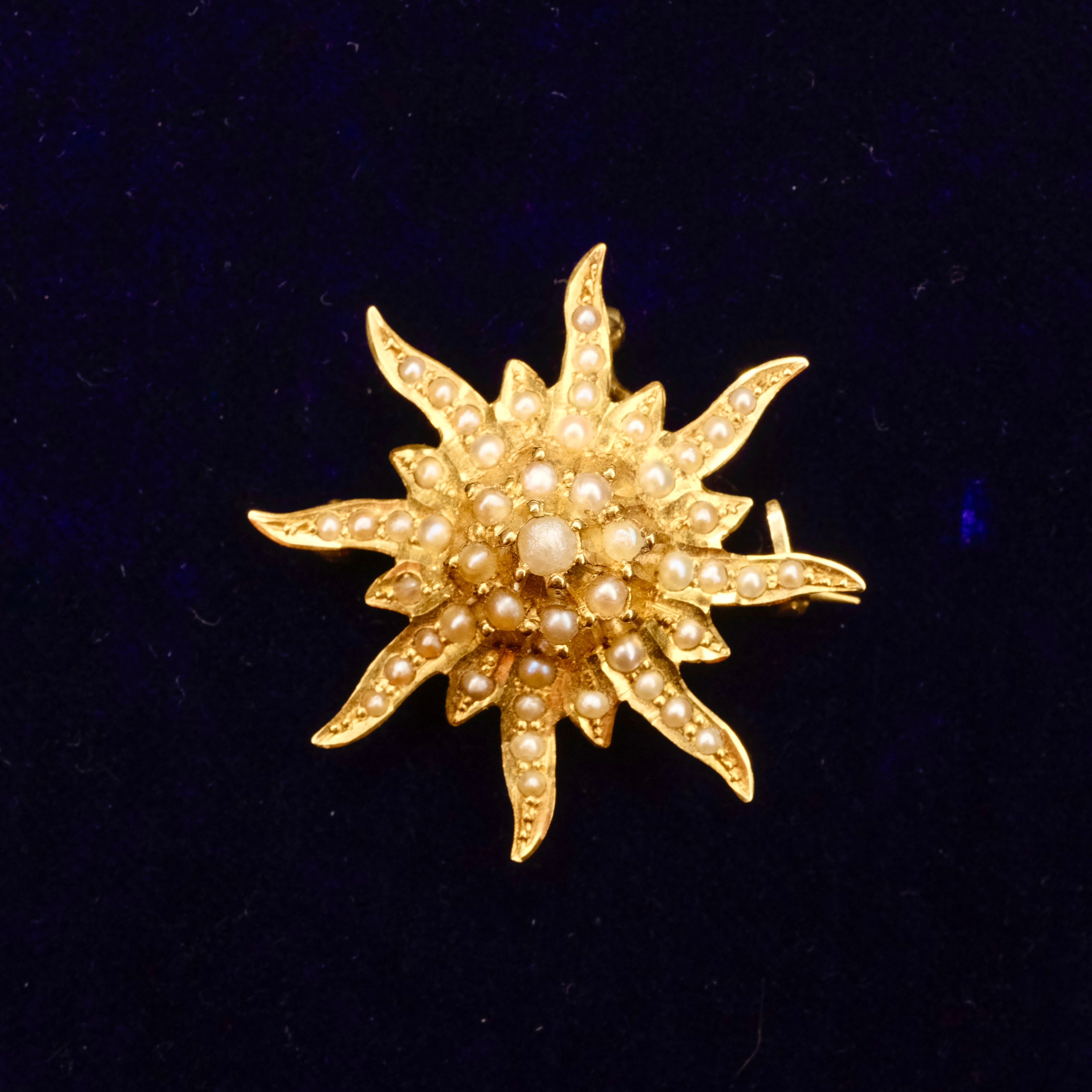 Antique, Early 20th Century, 14ct Gold & Seed Pearl Sunburst Pendant Brooch