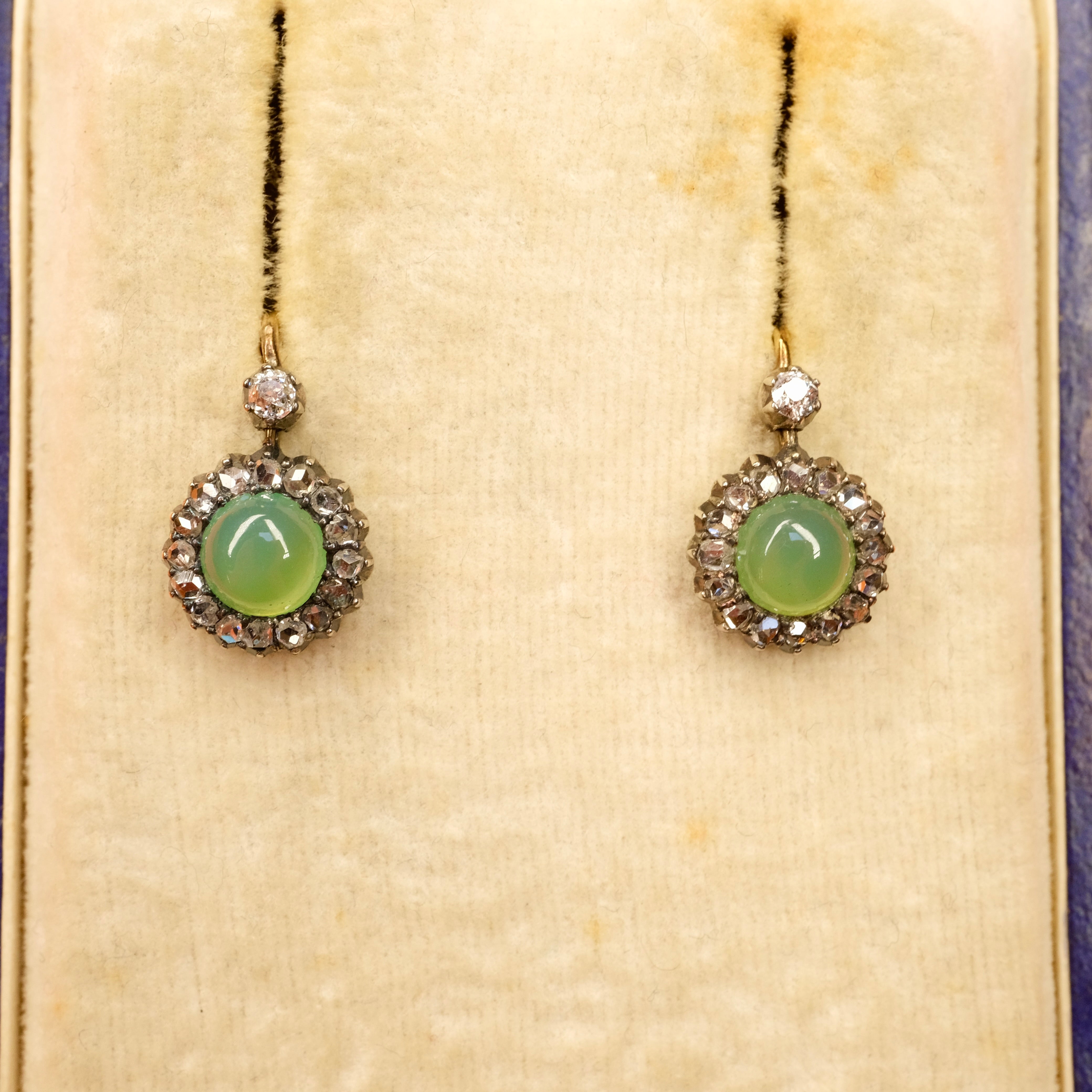 Victorian, Rose Cut Diamond, Chyroprase, 9ct Gold & Silver Drop Earrings