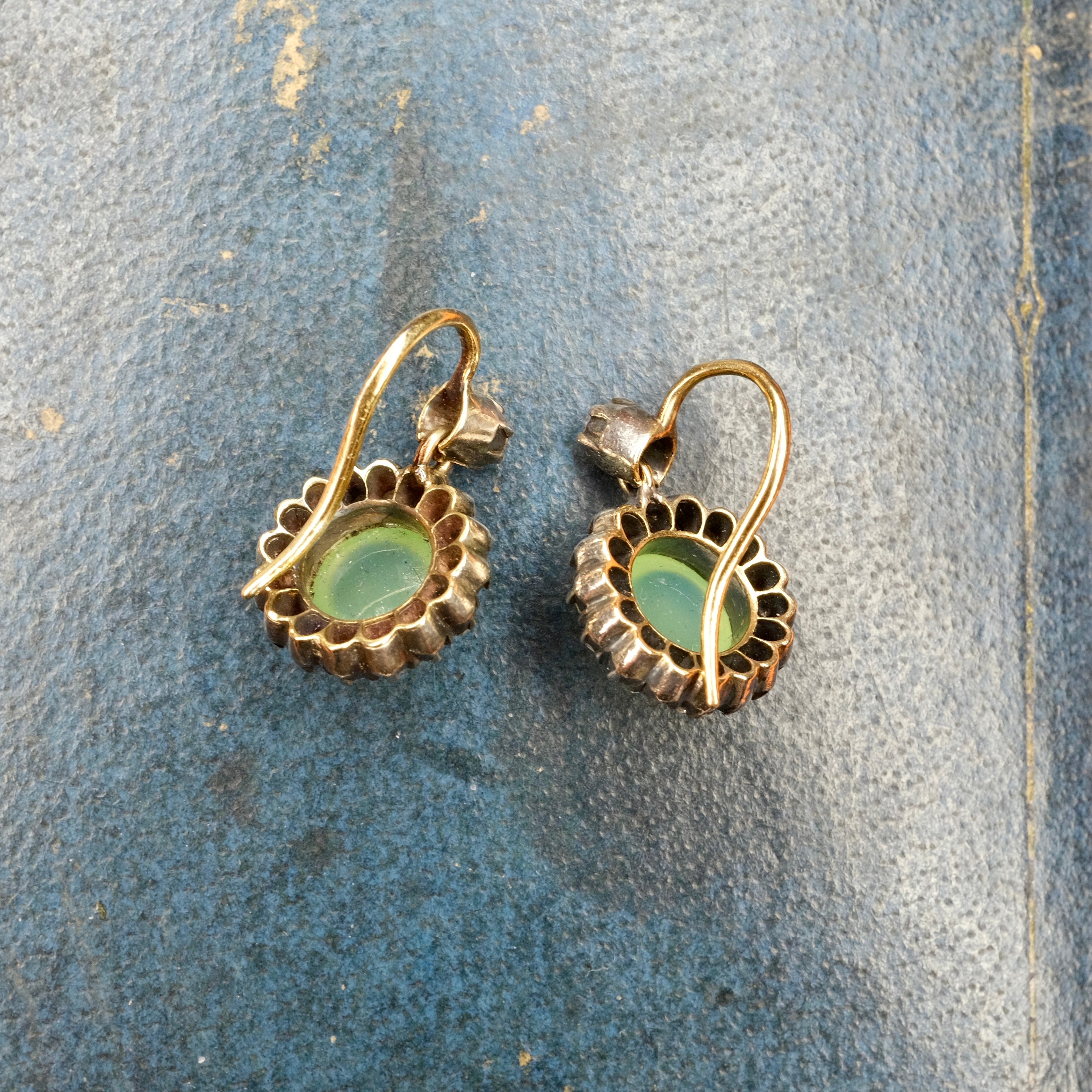 Victorian, Rose Cut Diamond, Chrysoprase, Gold & Silver Drop Earrings