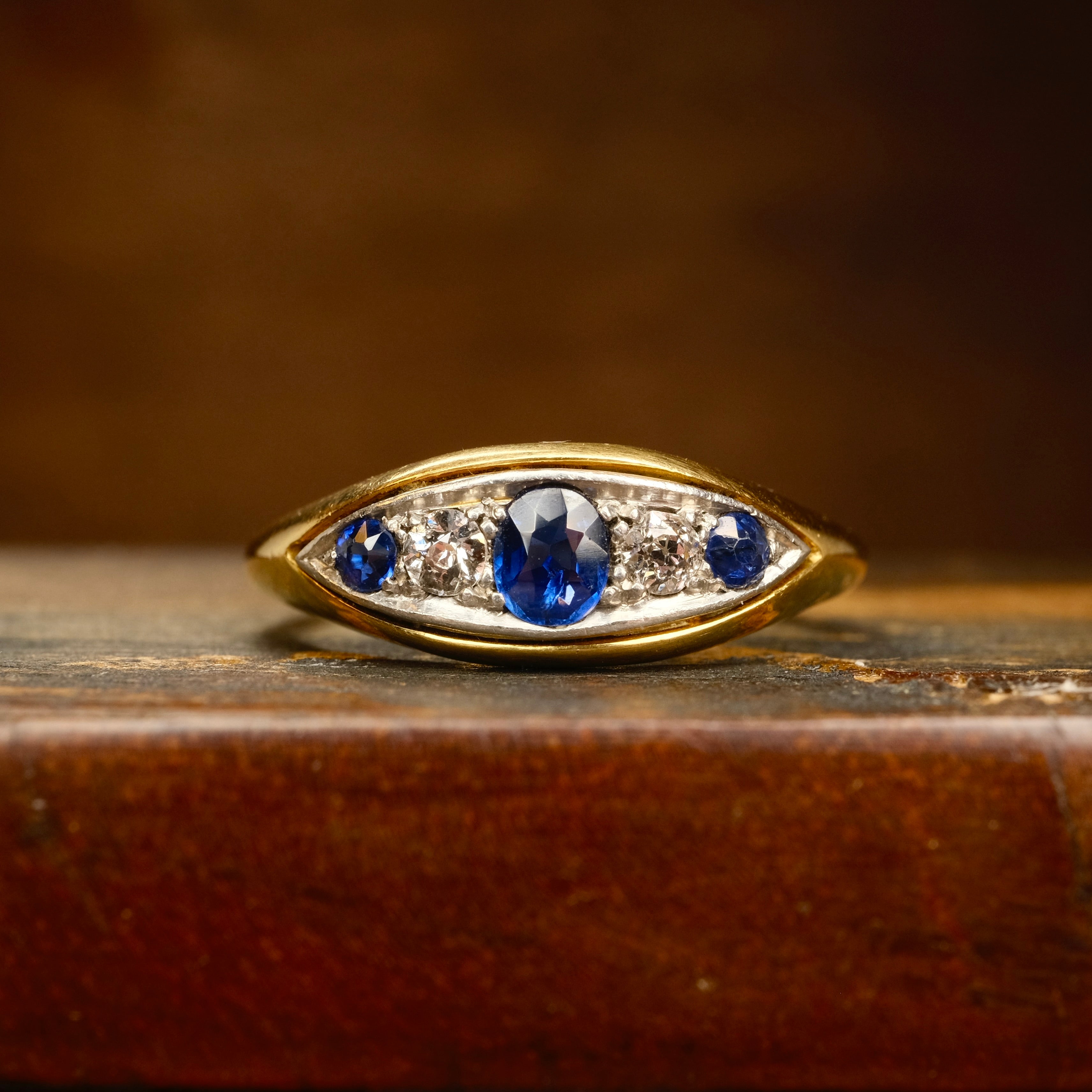 Antique, 18ct Gold, Natural Sapphire & Old Cut Diamond Ring
