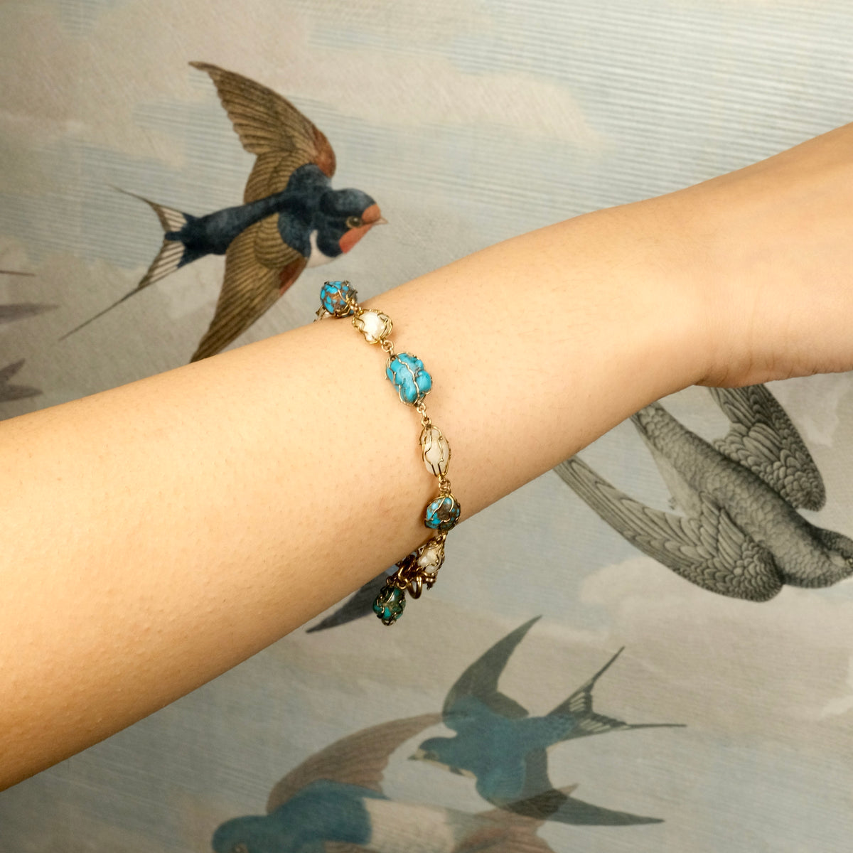 Antique, Arts & Crafts 9ct Gold Caged Turquoise & Pearl Bracelet, Attributed to Murrle Bennett Co