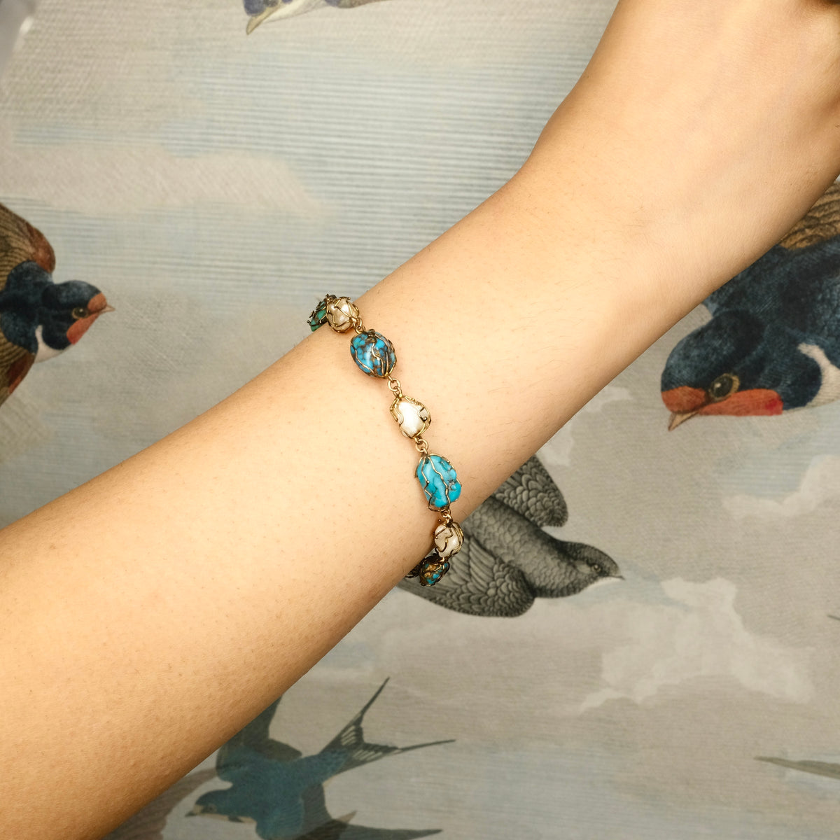Antique, Arts & Crafts 9ct Gold Caged Turquoise & Pearl Bracelet, Attributed to Murrle Bennett Co
