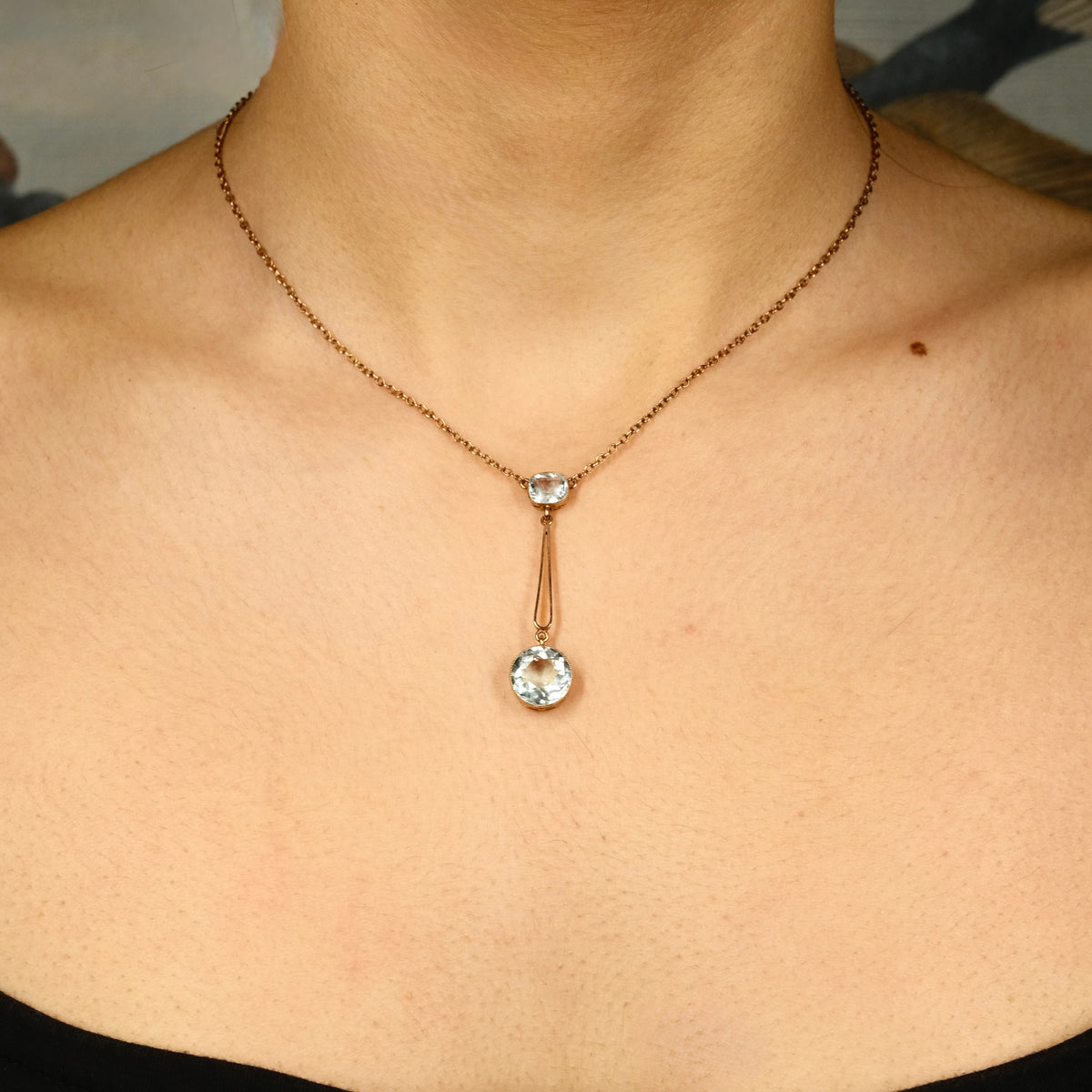 Antique, Edwardian 9ct Rose Gold, Aquamarine, Lavaliere Pendant Necklace