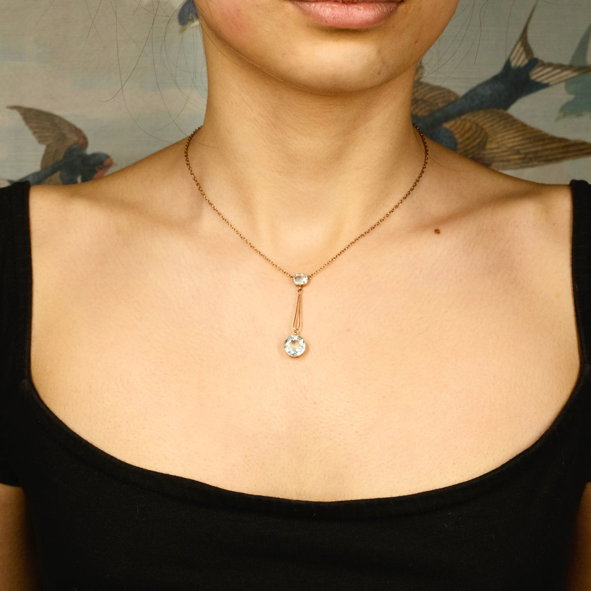 Antique, Edwardian 9ct Rose Gold, Aquamarine, Lavaliere Pendant Necklace
