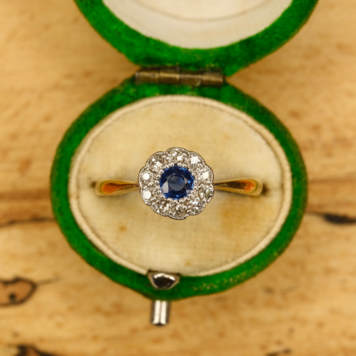 Antique 18ct Gold & Platinum, Sapphire & Old Cut Diamond Daisy Cluster Ring