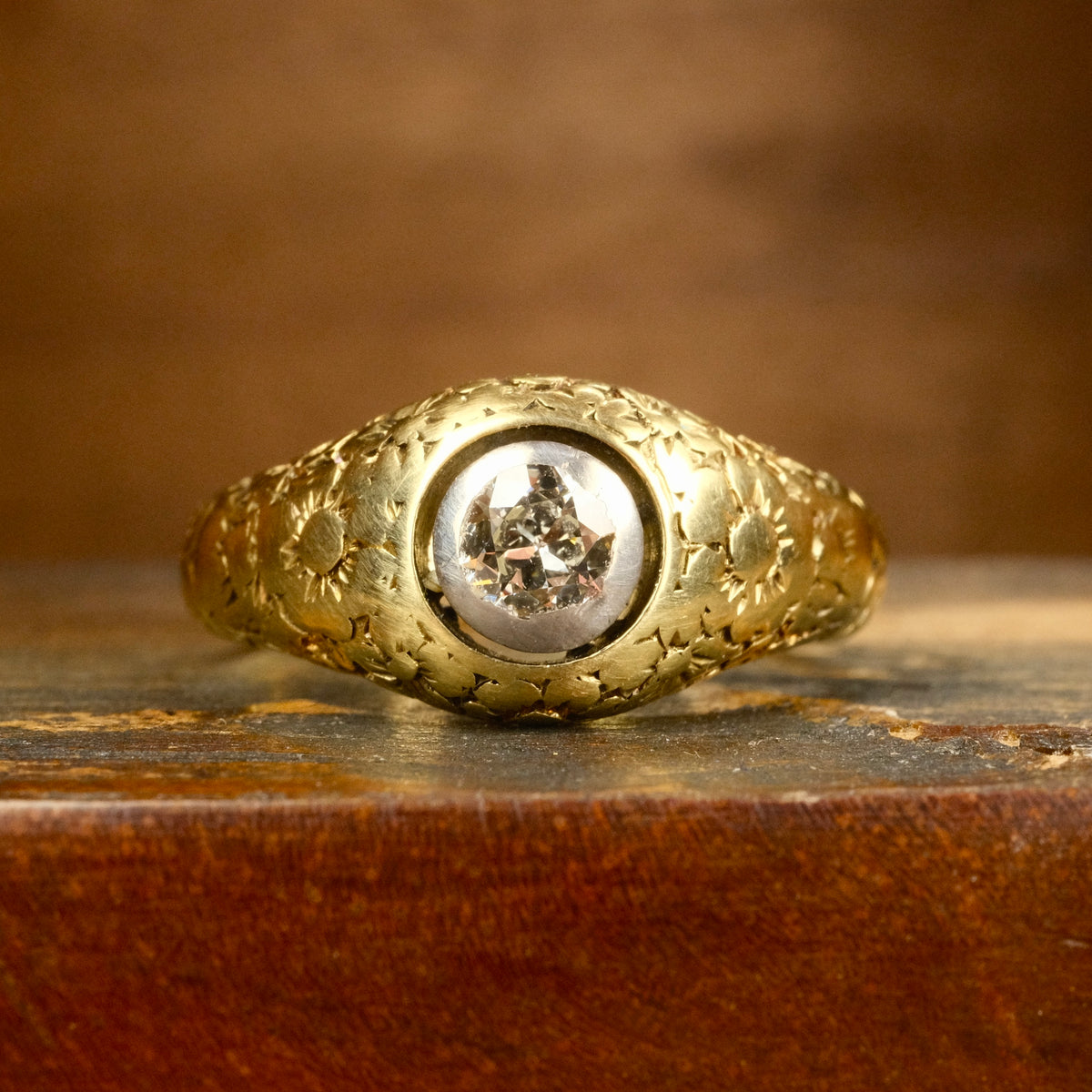 Antique 18ct Gold, Old European Cut Diamond, Forget me nots, Gypsy Set Solitaire Ring