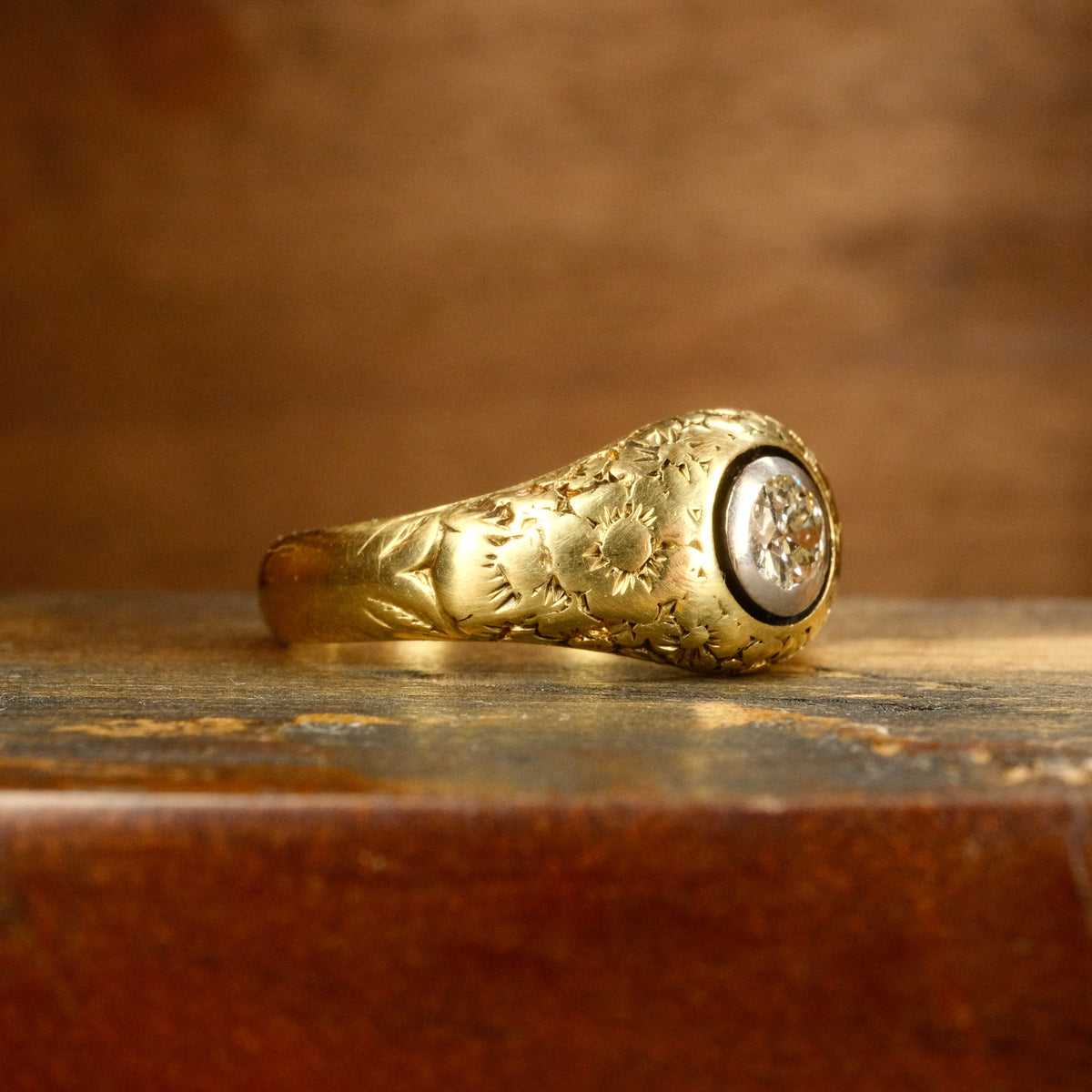 Antique 18ct Gold, Old European Cut Diamond, Forget me nots, Gypsy Set Solitaire Ring