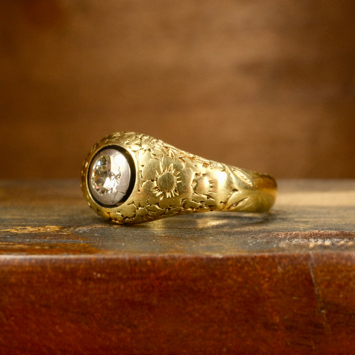 Antique 18ct Gold, Old European Cut Diamond, Forget me nots, Gypsy Set Solitaire Ring