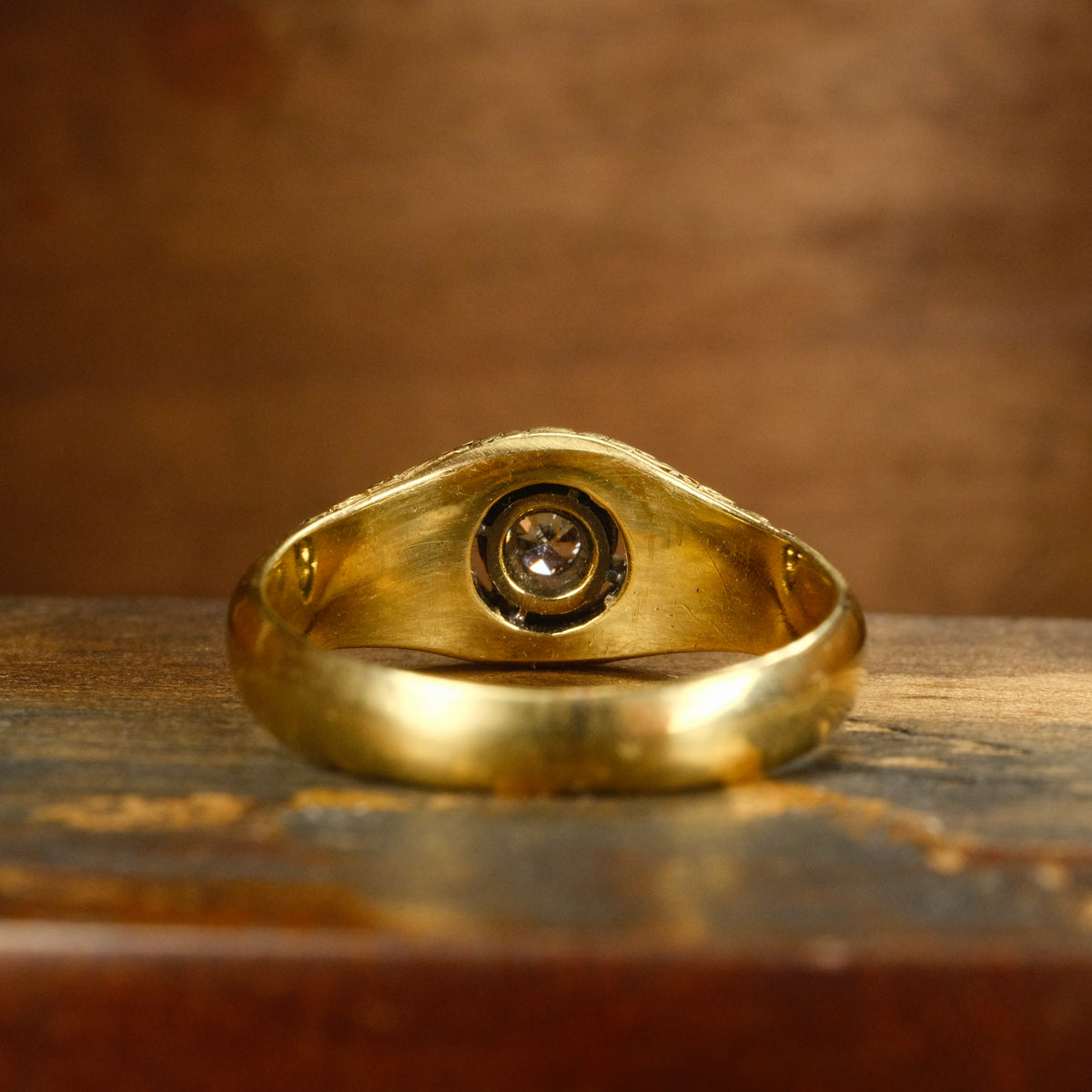 Antique 18ct Gold, Old European Cut Diamond, Forget me nots, Gypsy Set Solitaire Ring
