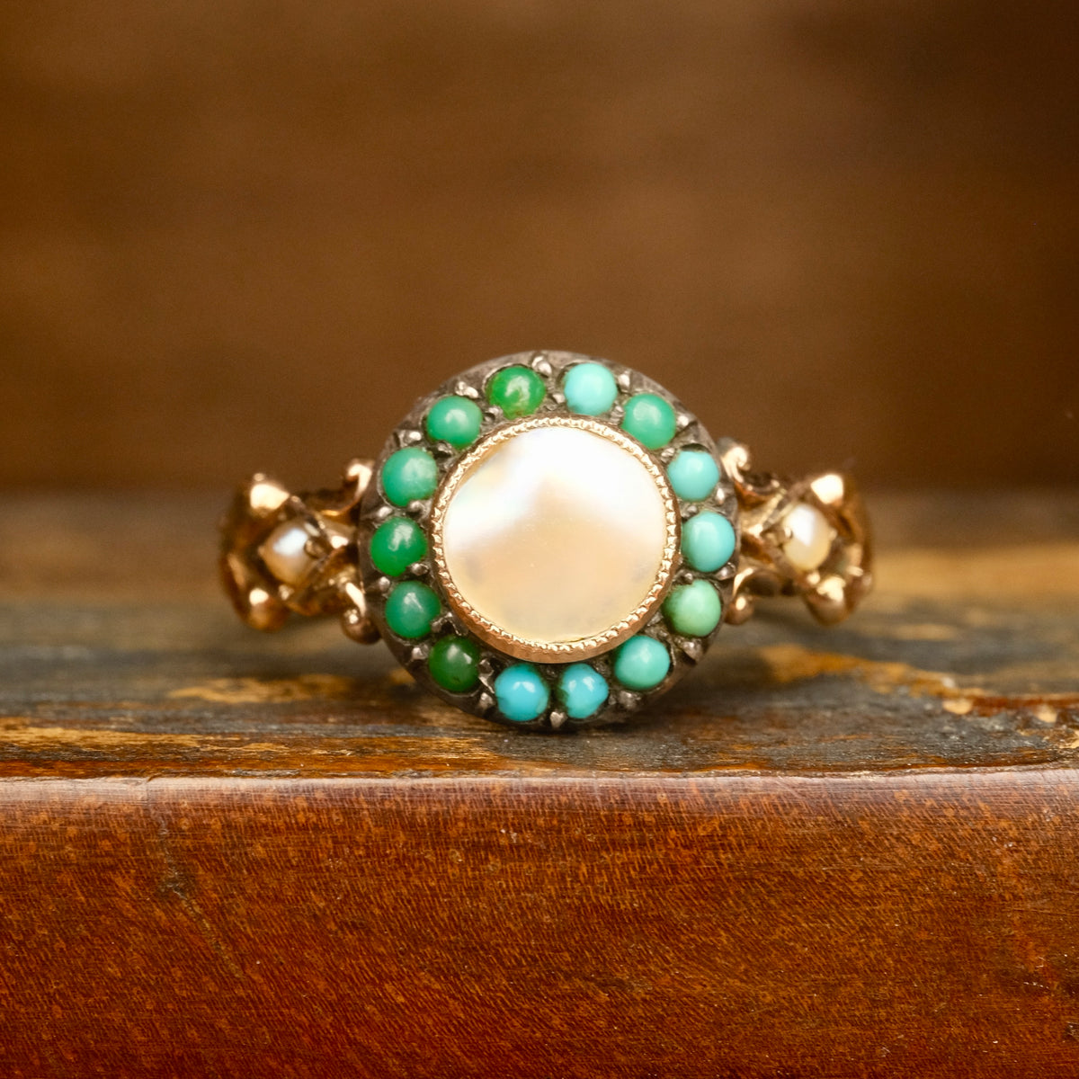 Antique Early Victorian Gold, Silver, Turquoise & Pearl Cluster Ring