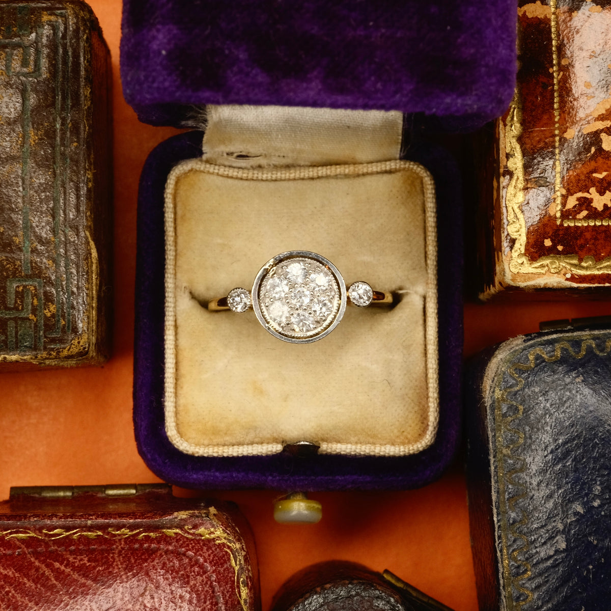 Antique 18ct Gold & Platinum Old cut Diamond Target Cluster Ring