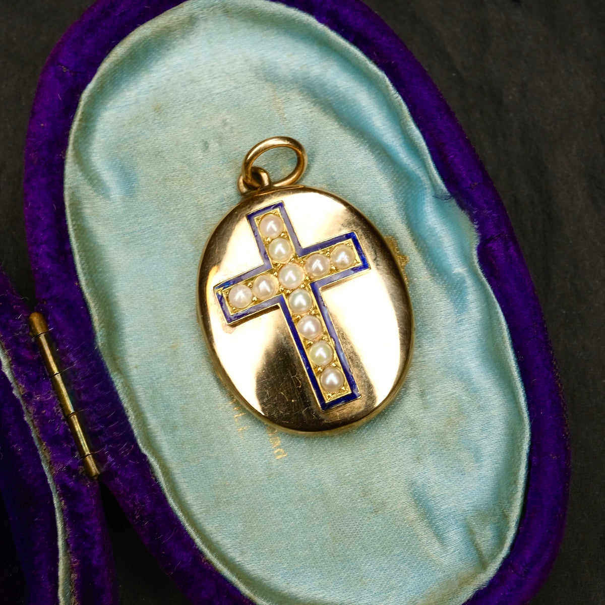 Antique, Victorian 9ct Gold Locket With Blue Enamel Cross & Split Pearls, 9 Grams