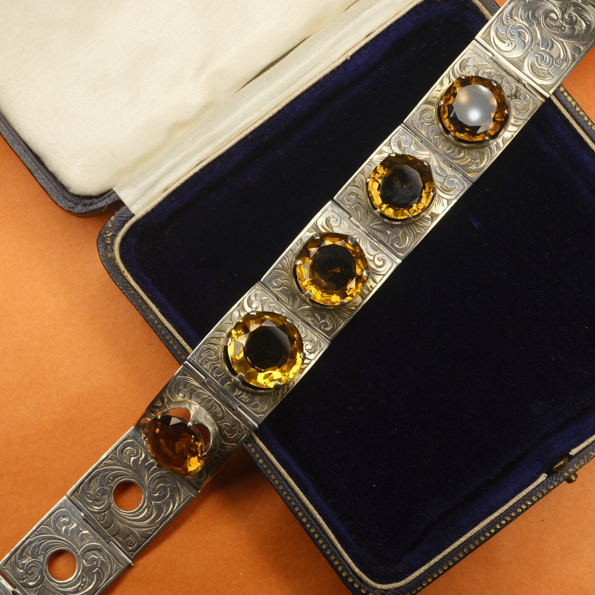 Victorian Hand Engraved Sterling Silver & Cairngorm Citrine Belt Buckle Bracelet c1880s