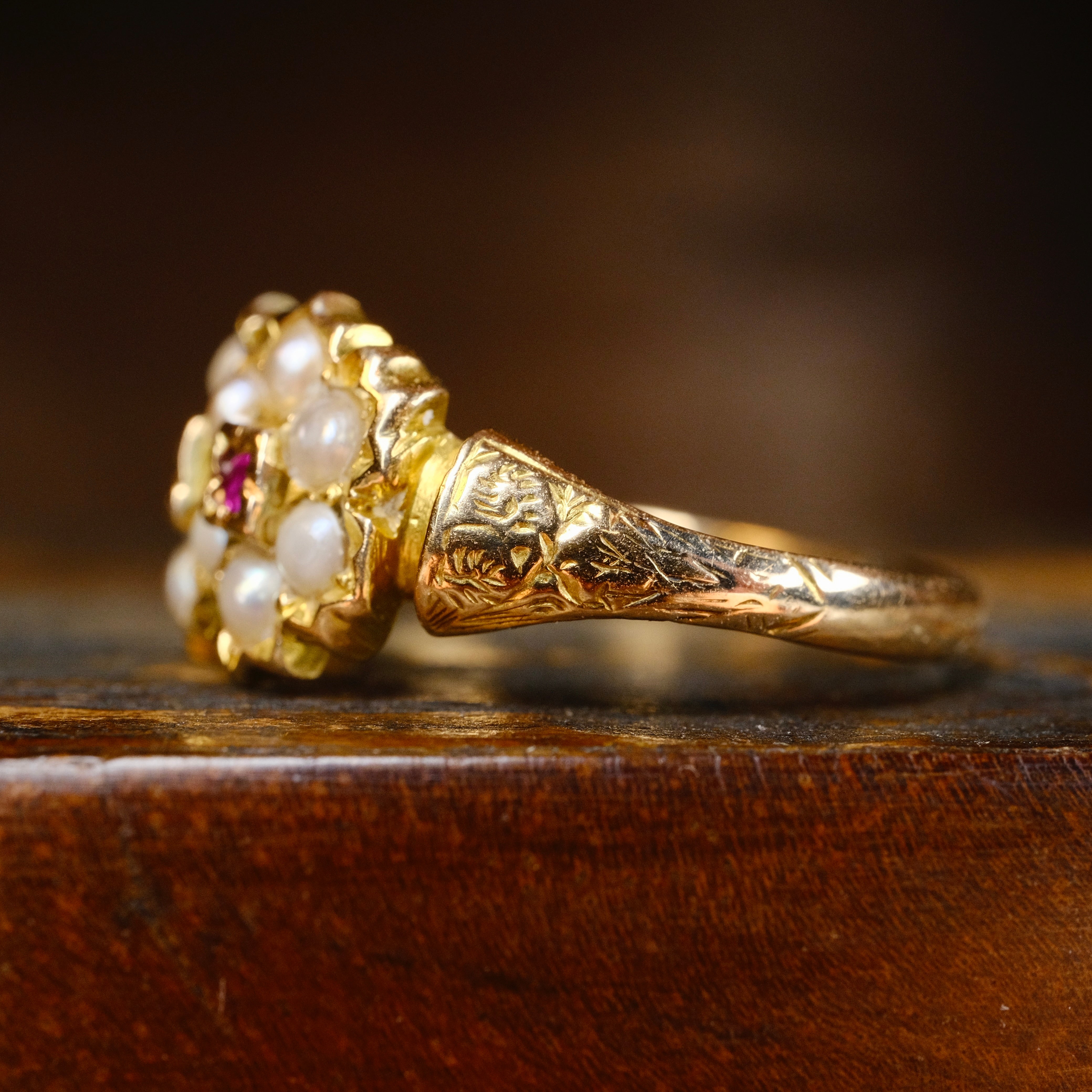 Antique 15ct Gold, Pearl & Ruby, Double Daisy Cluster Ring