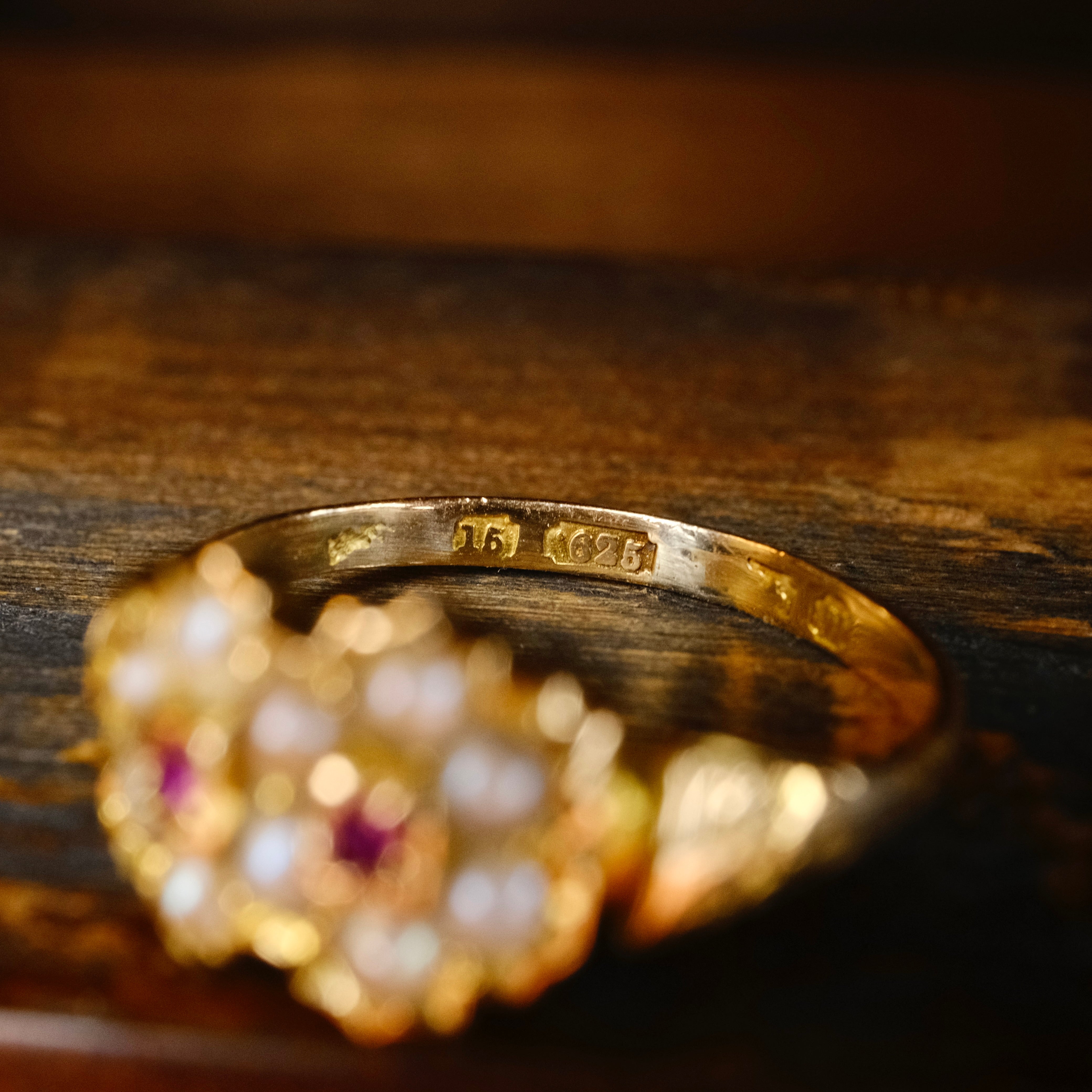 Antique 15ct Gold, Pearl & Ruby, Double Daisy Cluster Ring