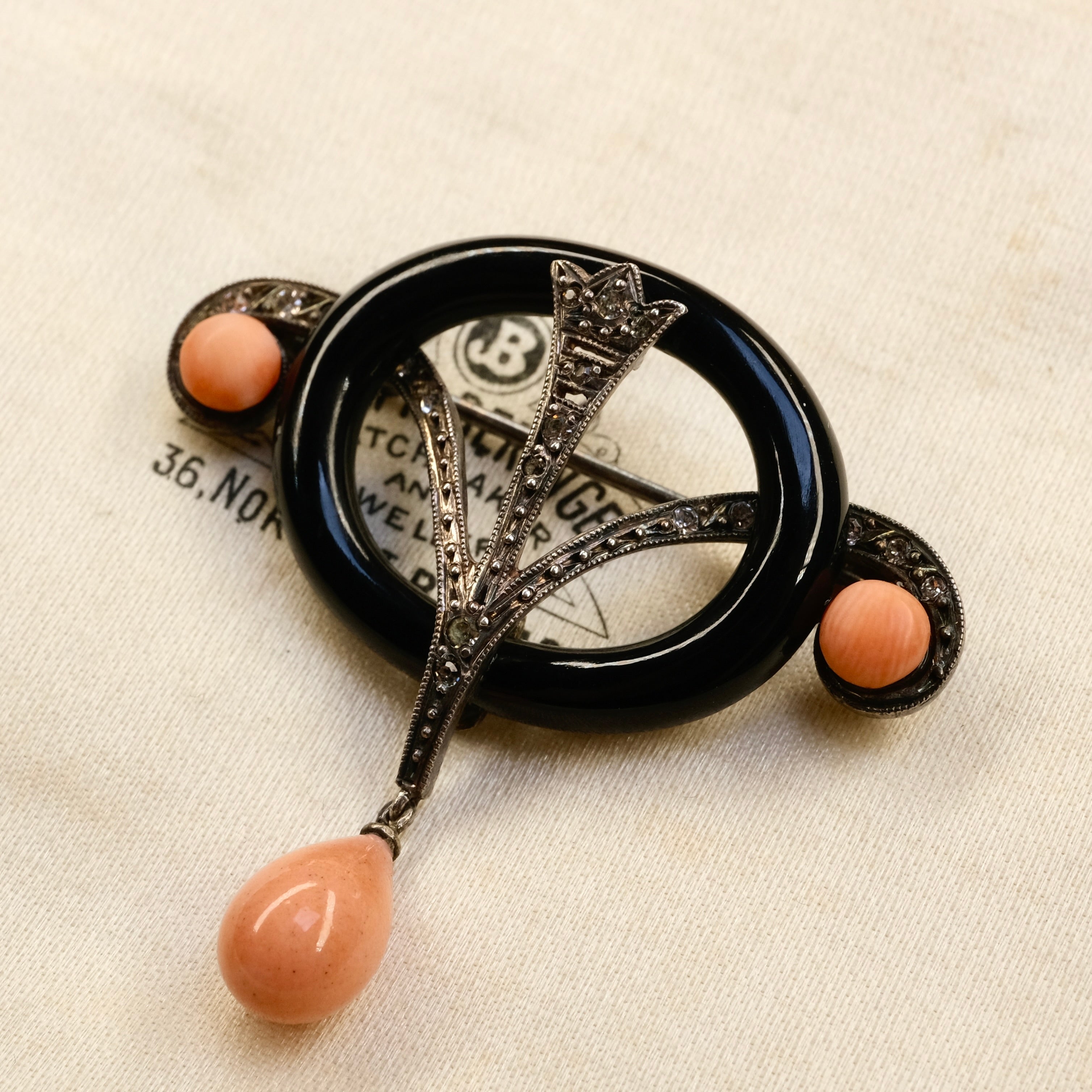 Original French Art deco, Silver, Onyx, Paste & Coral Brooch