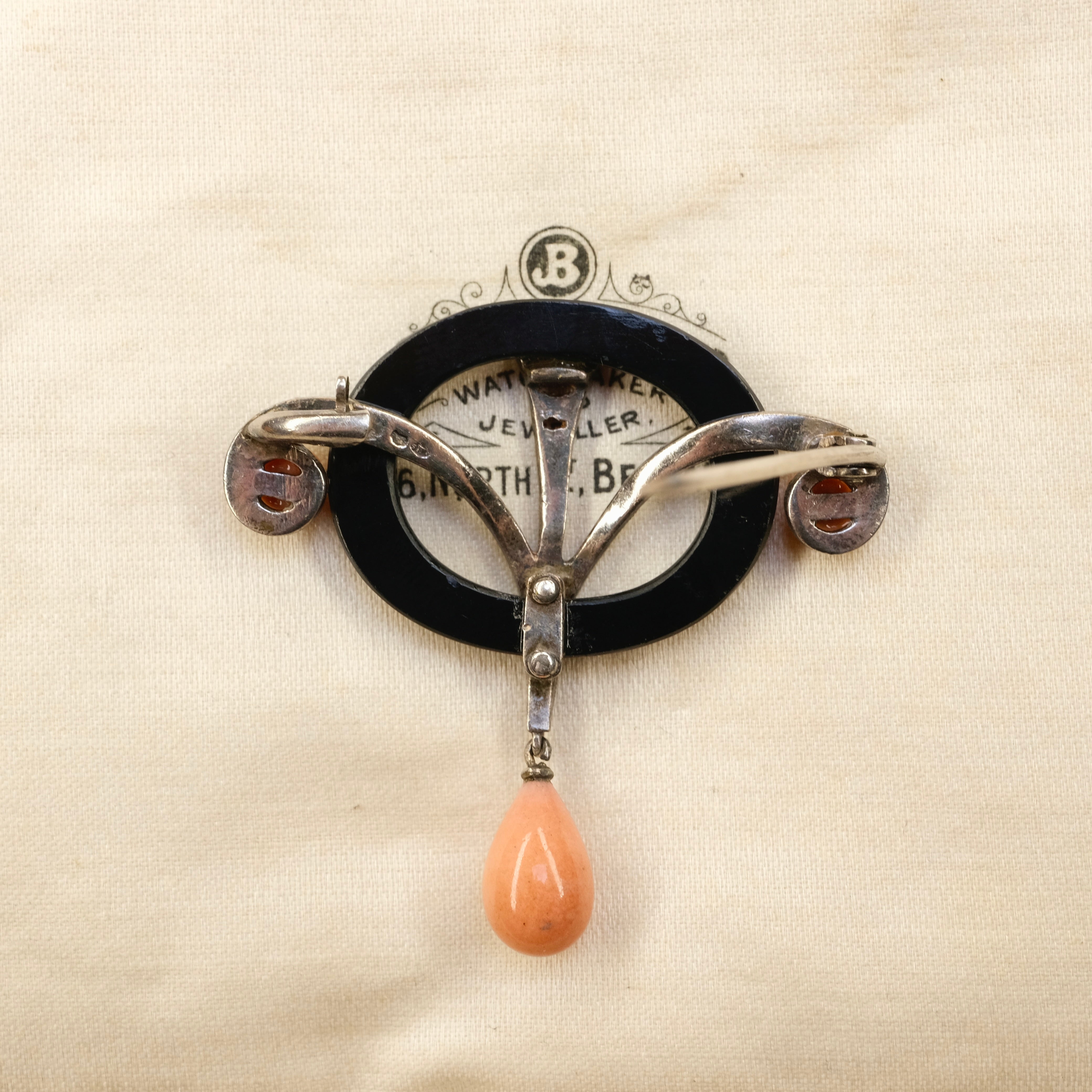 Original French Art deco, Silver, Onyx, Paste & Coral Brooch
