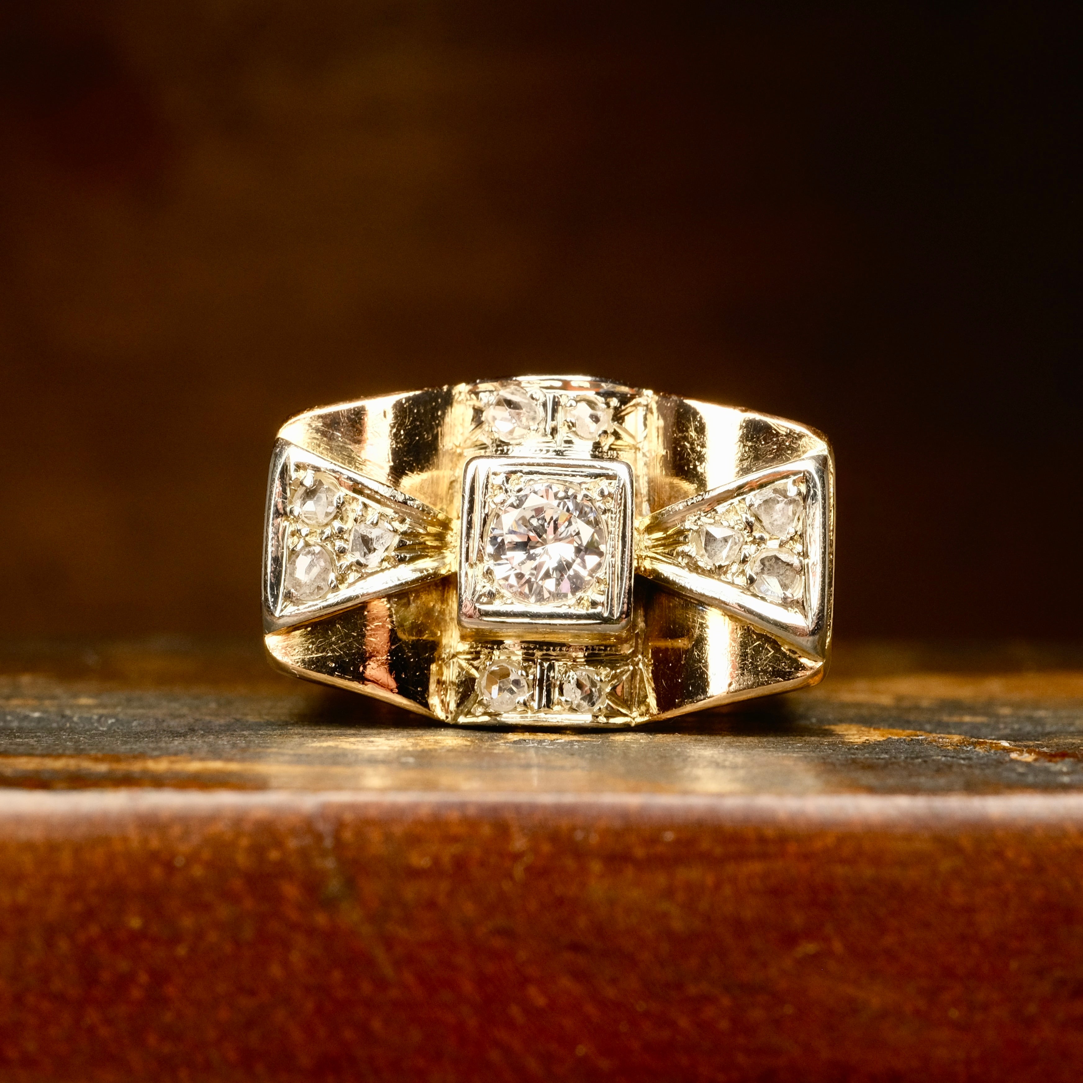 1940s, 18ct Gold & Platinum, Diamond Cocktail Tank Ring c1945
