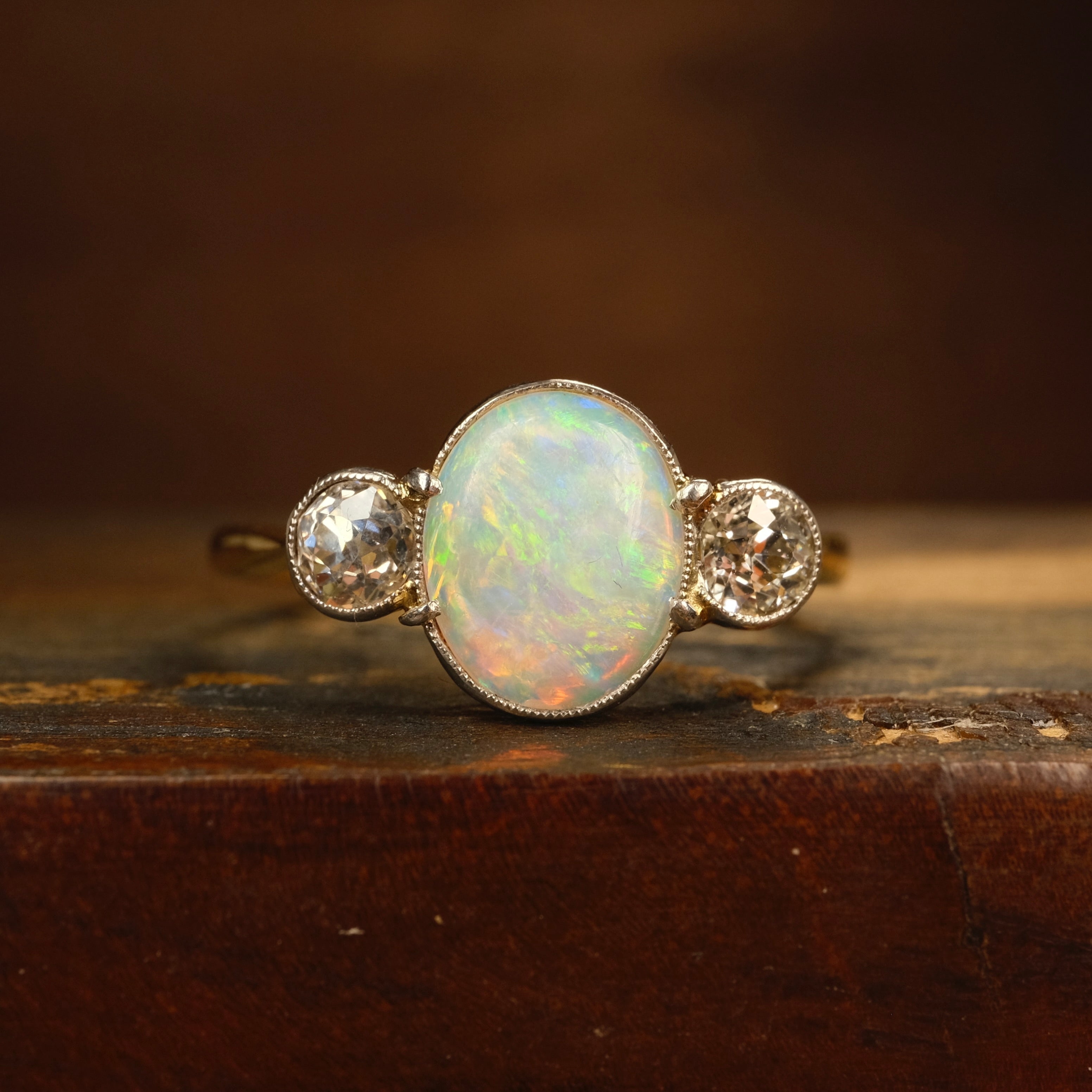 Antique, 18ct Gold, Opal & Old European Cut Diamond Trilogy Ring