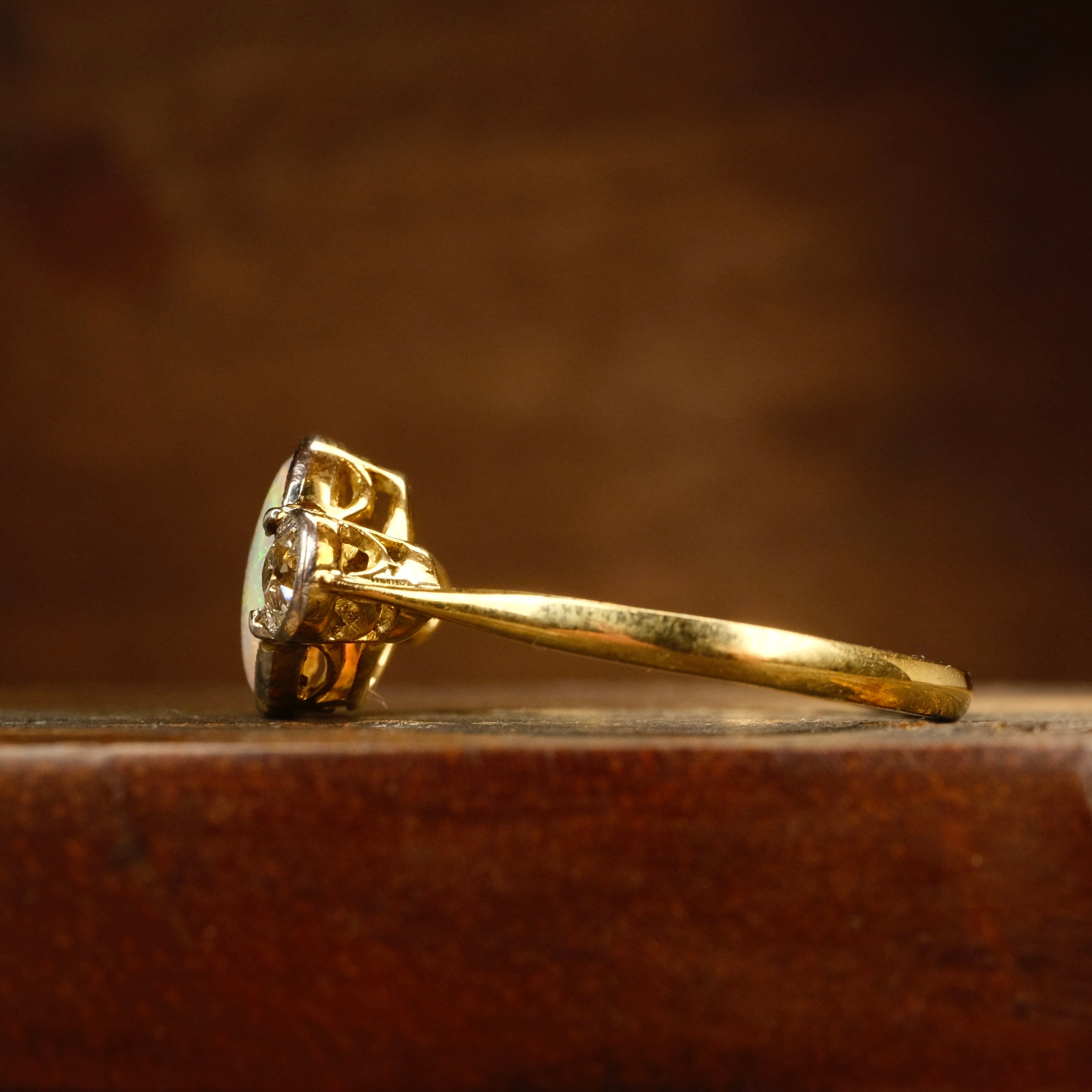 Antique, 18ct Gold, Opal & Old European Cut Diamond Trilogy Ring