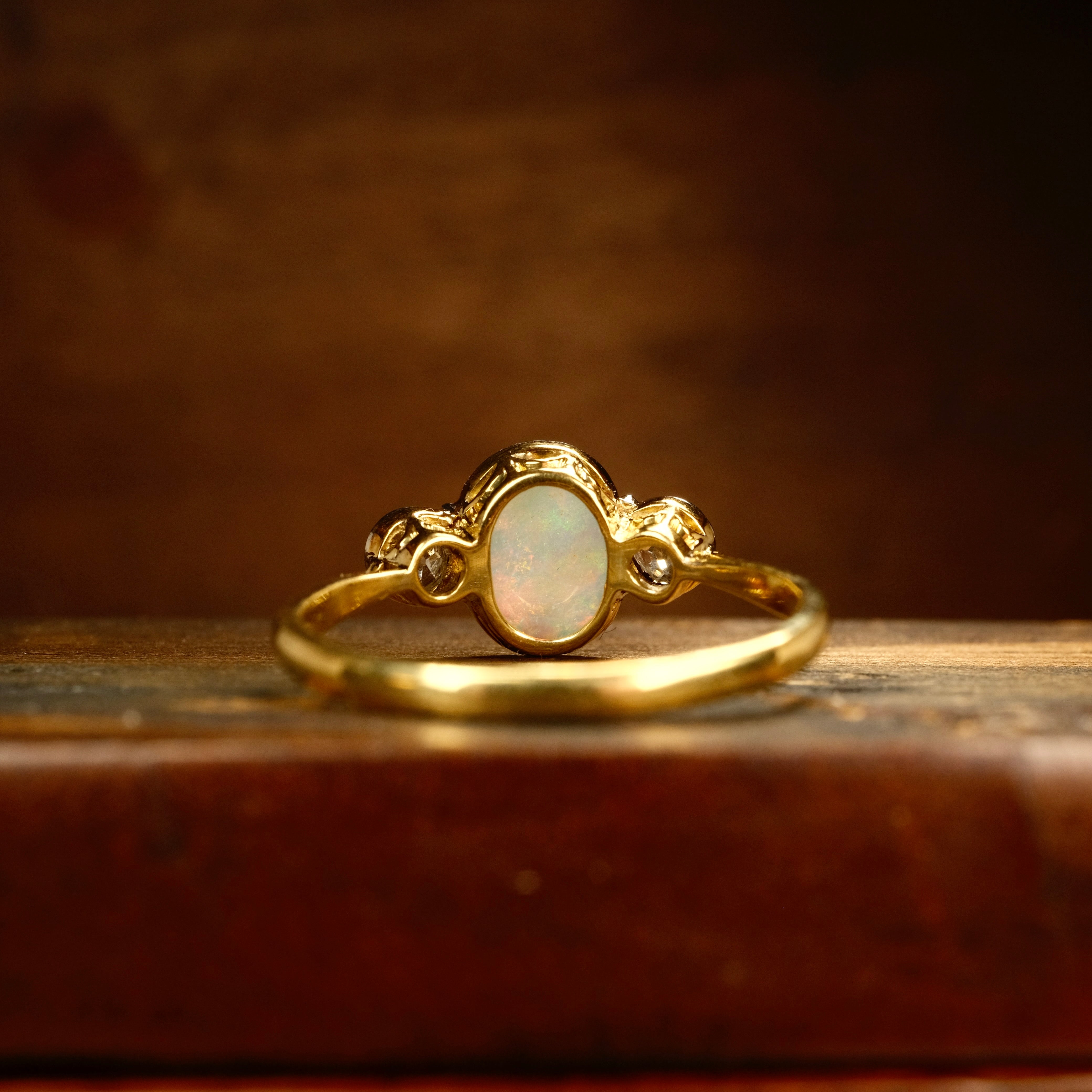 Antique, 18ct Gold, Opal & Old European Cut Diamond Trilogy Ring