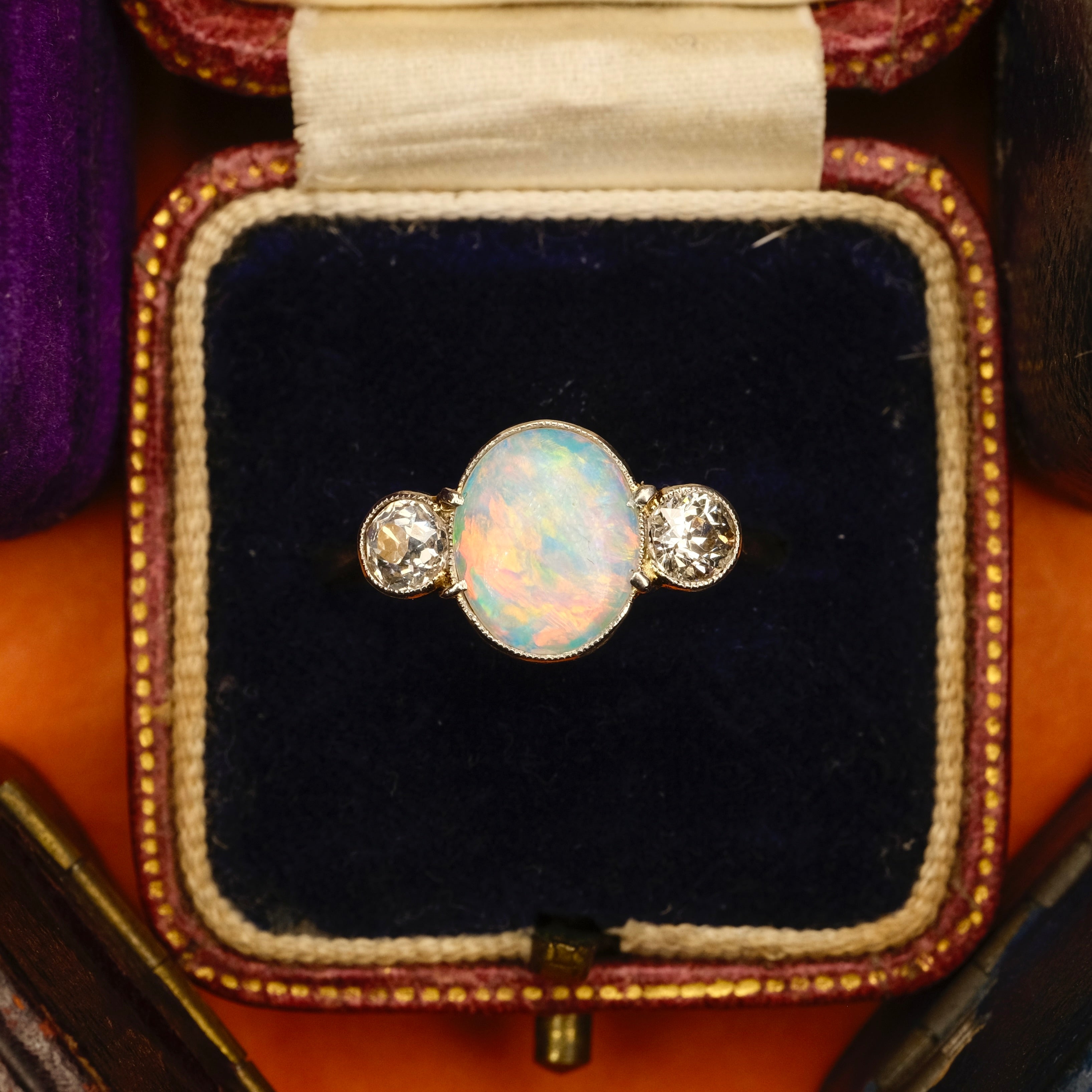 Antique, 18ct Gold, Opal & Old European Cut Diamond Trilogy Ring