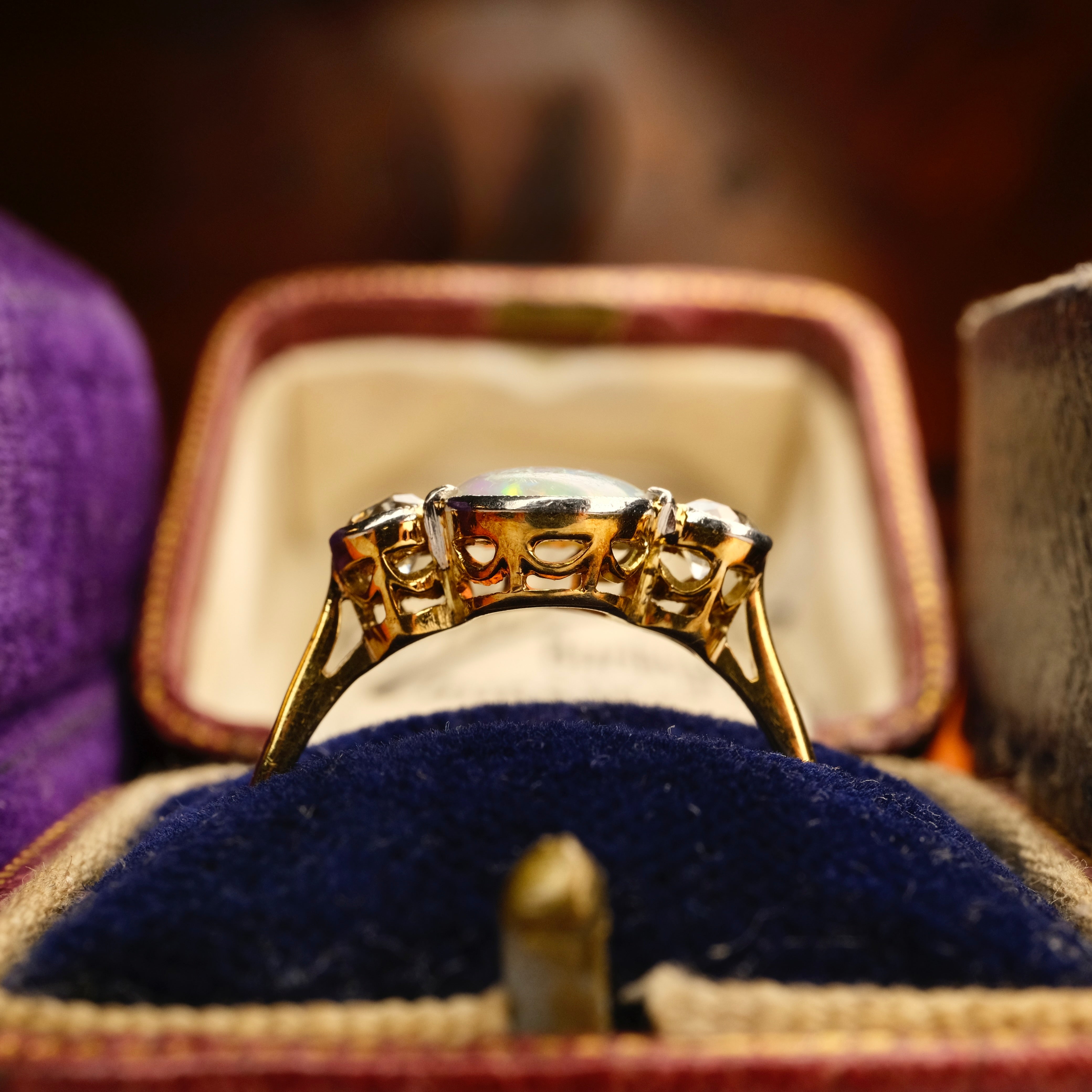 Antique, 18ct Gold, Opal & Old European Cut Diamond Trilogy Ring