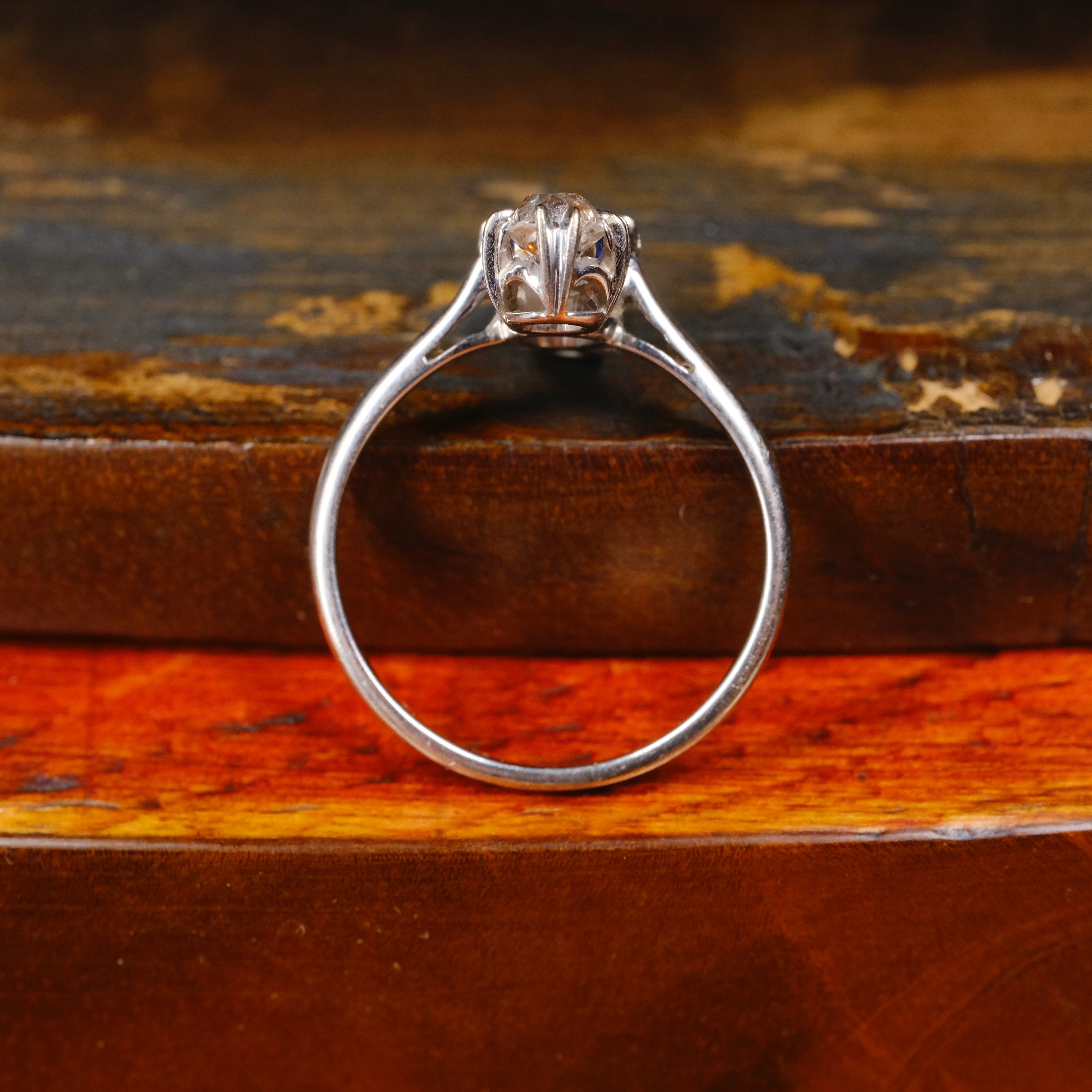 Edwardian 18ct white gold old mine cut diamond & sapphire ring