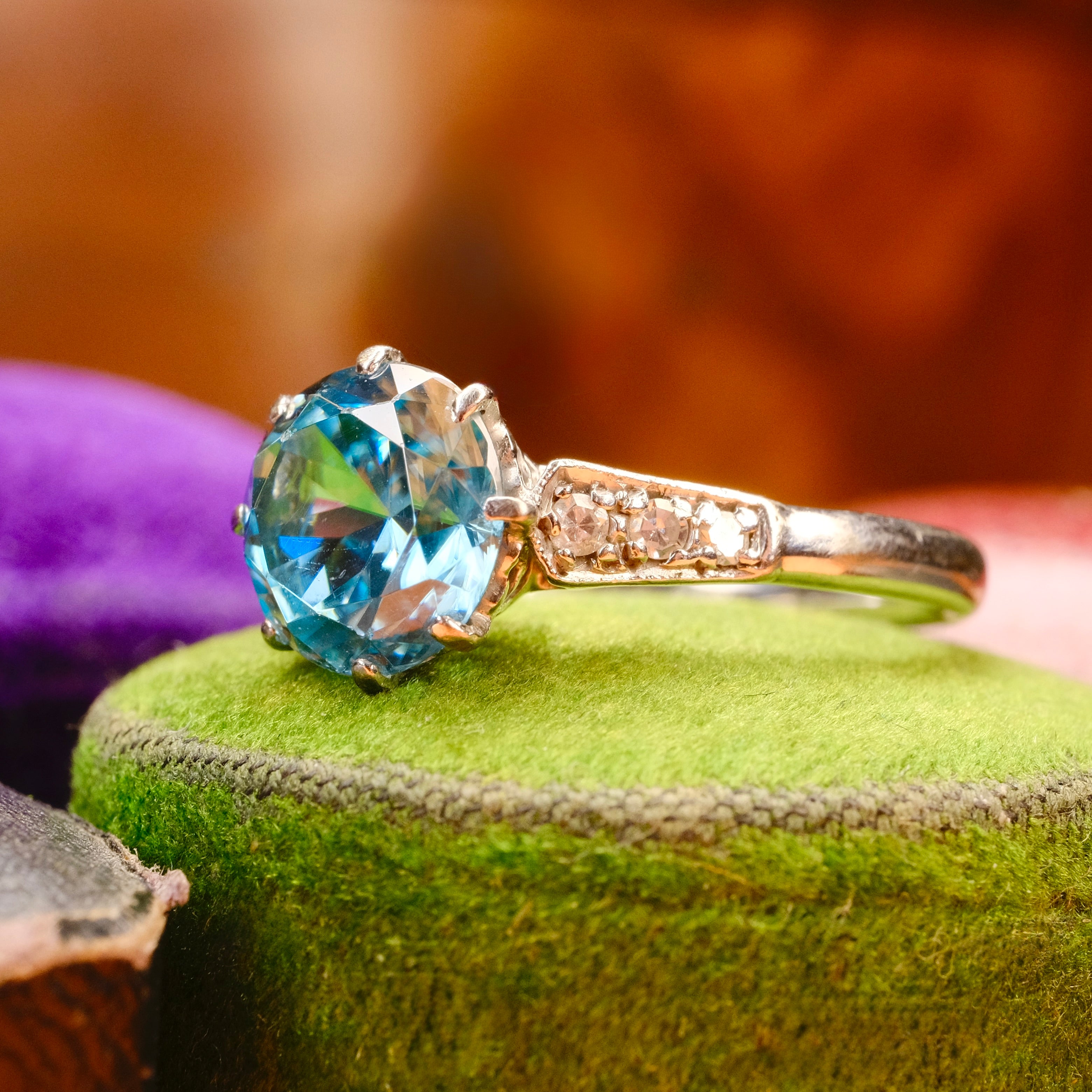 Vintage Blue Zircon, Solitaire Ring, With Diamond Set Shoulders, c1930s