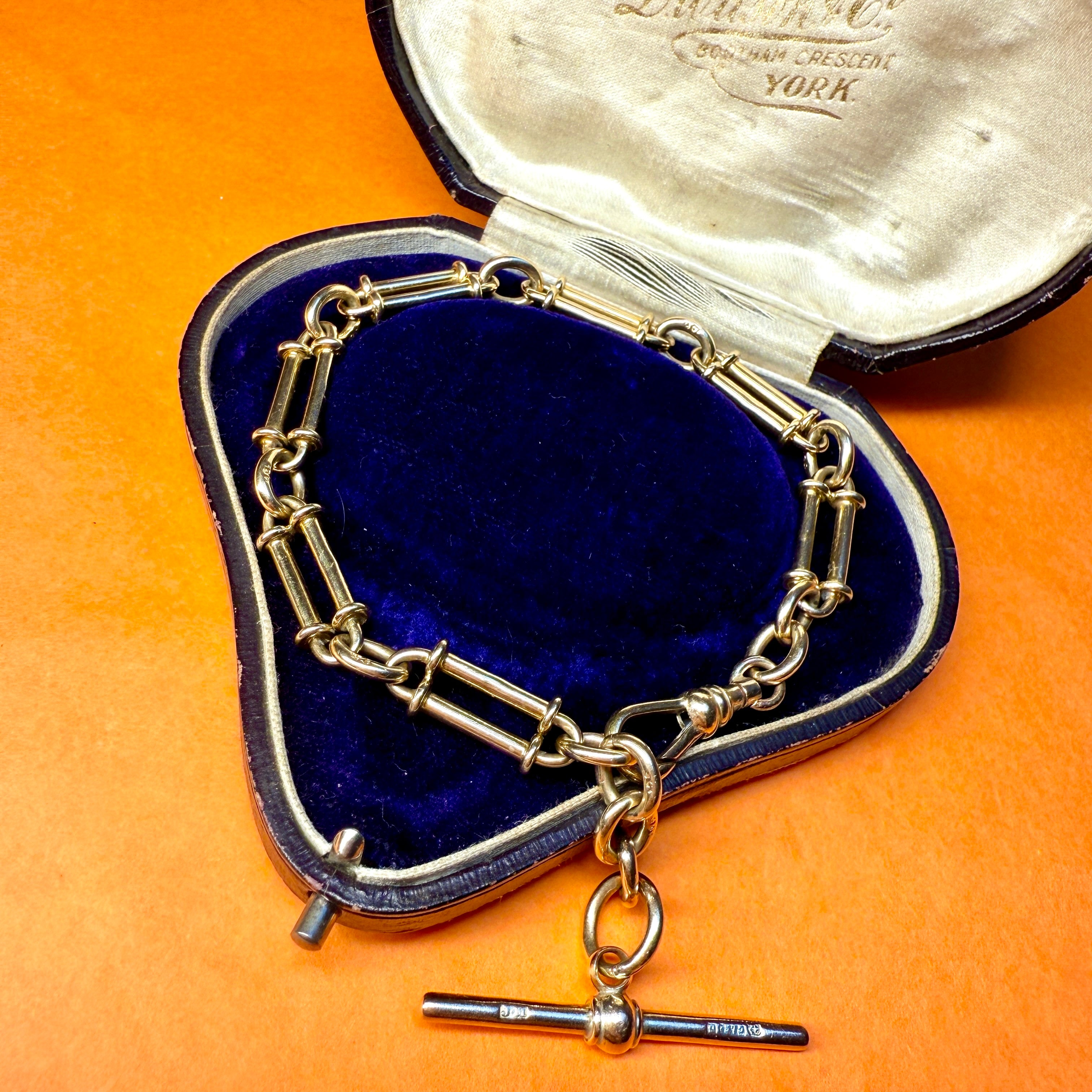 Antique 9ct Gold, Trombone Link Watch Chain Bracelet, With Dog Clip Clasp and T Bar, 22.3 Grams